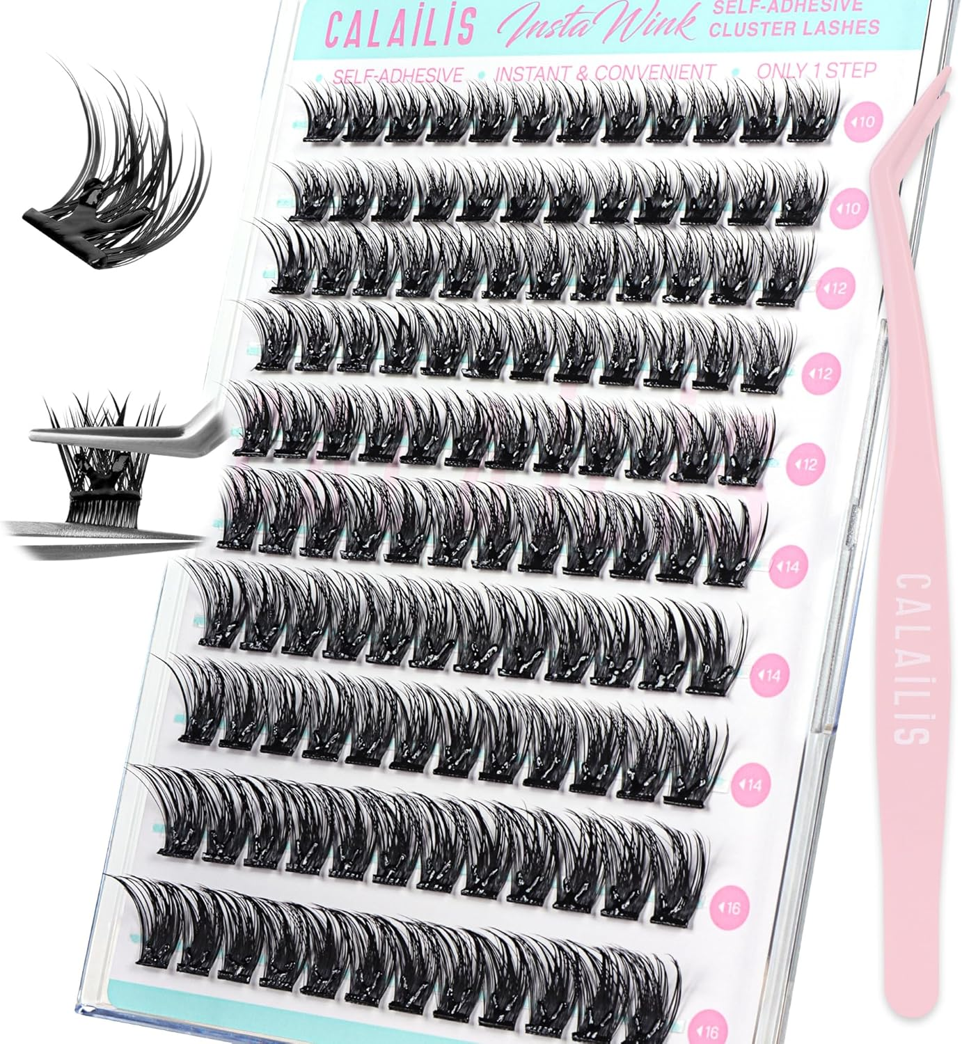 CALAILIS ZBP10D Self-Adhesive Eyelash Extensions, 120 Pieces, D Curl Wispy Eyelashes, Self-Adhesive, Press on Lashes, No Glue Needed, Pre Glue Eyelashes with Tweezers image number 1