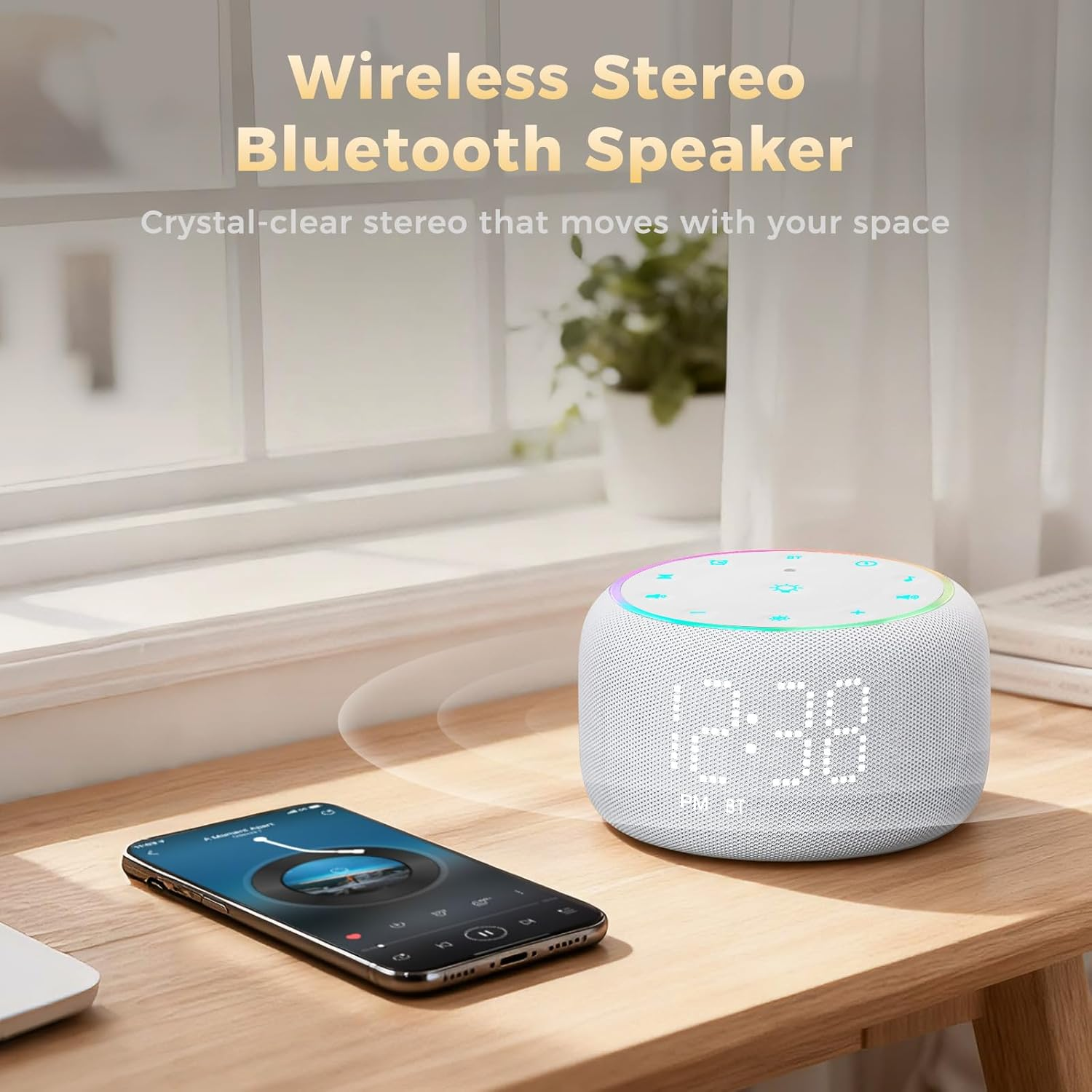 White Noise Machine Alarm Clock: Auto-Dimmable Clock for Bedrooms - 5W Stereo Bluetooth Speaker - Sound Machine with 24 Sleep Sounds for Adults Kids White