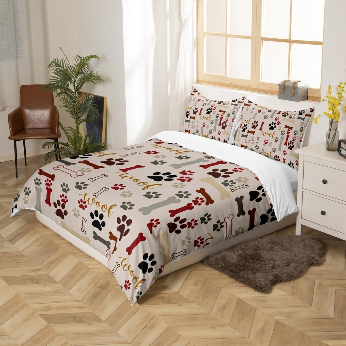 Dog Paw Print Duvet Cover Set Queen Size,Bone Pattern Bedding Set 3Pcs for Kids Teens Girls Boys Room Decor, Pet Animal Comforter Cover Cartoon Quilt Cover with 2 Pillowcases image number 6