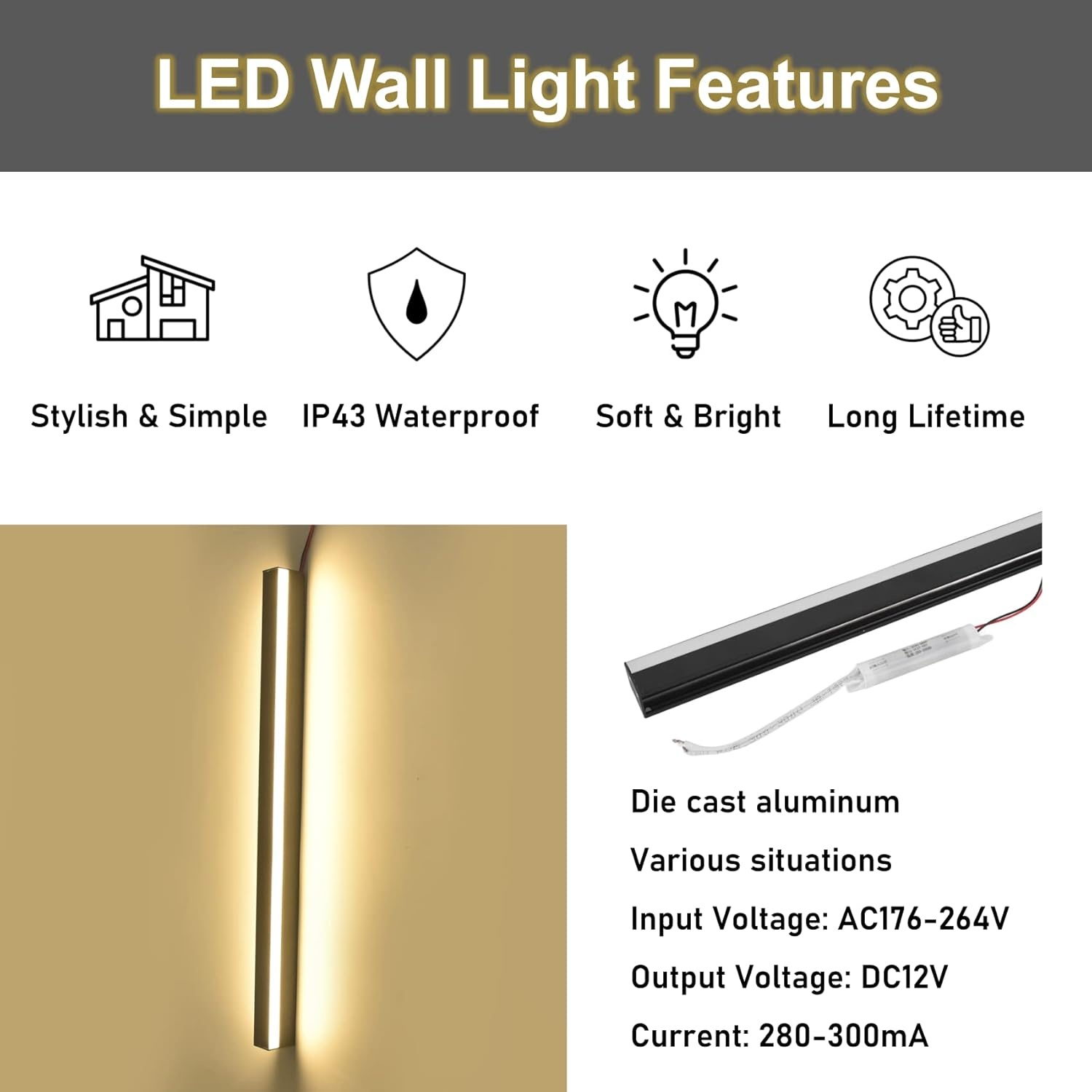 Closet Modern Wall Light, 3000K Warm White Long Strip Modern LED Wall Lighting Fixture Lamps, IP43 Waterproof Kitchen Night Wall Sconce for Wardrobe Hallway Garden Terrace Cabinet (60Cm) image number 2