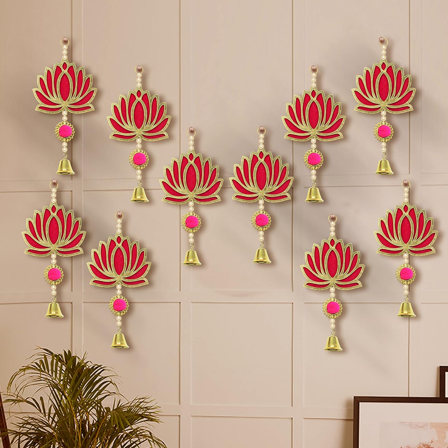 TIED RIBBONS Lotus Backdrop Hanging Pooja Decor | Plastic, 9 Inch | Set of 10 | Indian Pooja Decorations for Home, Navratri, Wedding, Ganesh Pooja |Diwali Decoration for Home, Ganesh Chaturthi image number 3