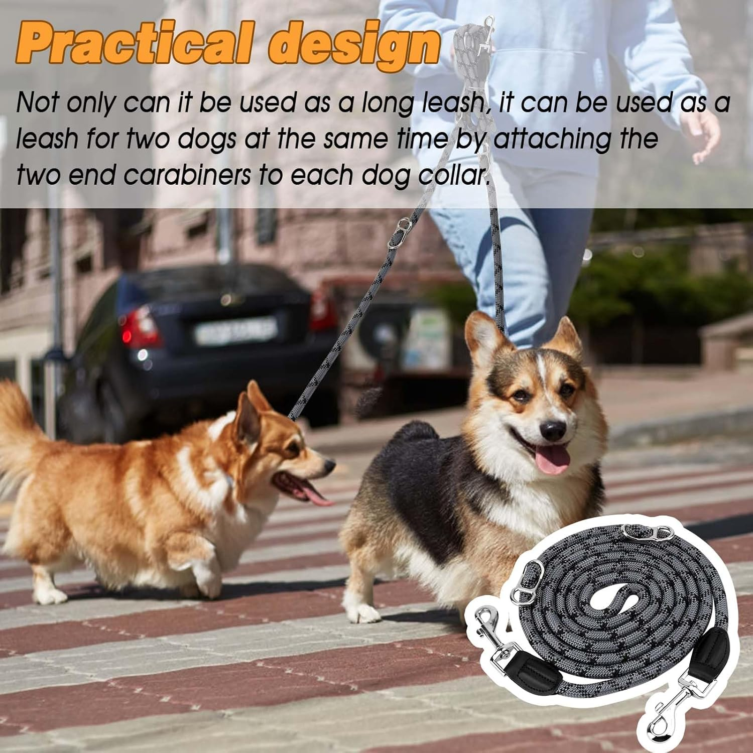 Dog Lead with 2 Carabiners, 2 Rings, Reflective, Adjustable Double Lead, 2.6 M Multifunctional Dog Lead for Large and Medium Dogs image number 1