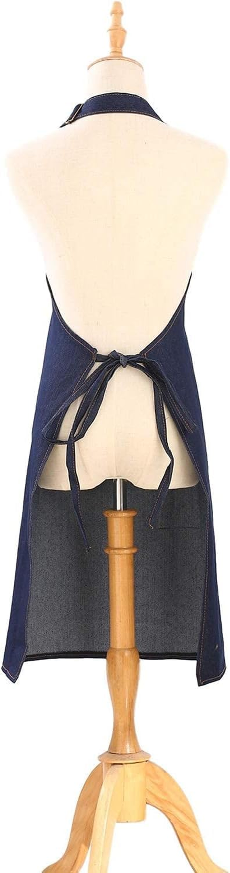 Denim Apron with Pockets for Men Women Chef Kitchen BBQ Restaurant Grill Adjustable Neck Strap Long Ties Tool Aprons image number 3