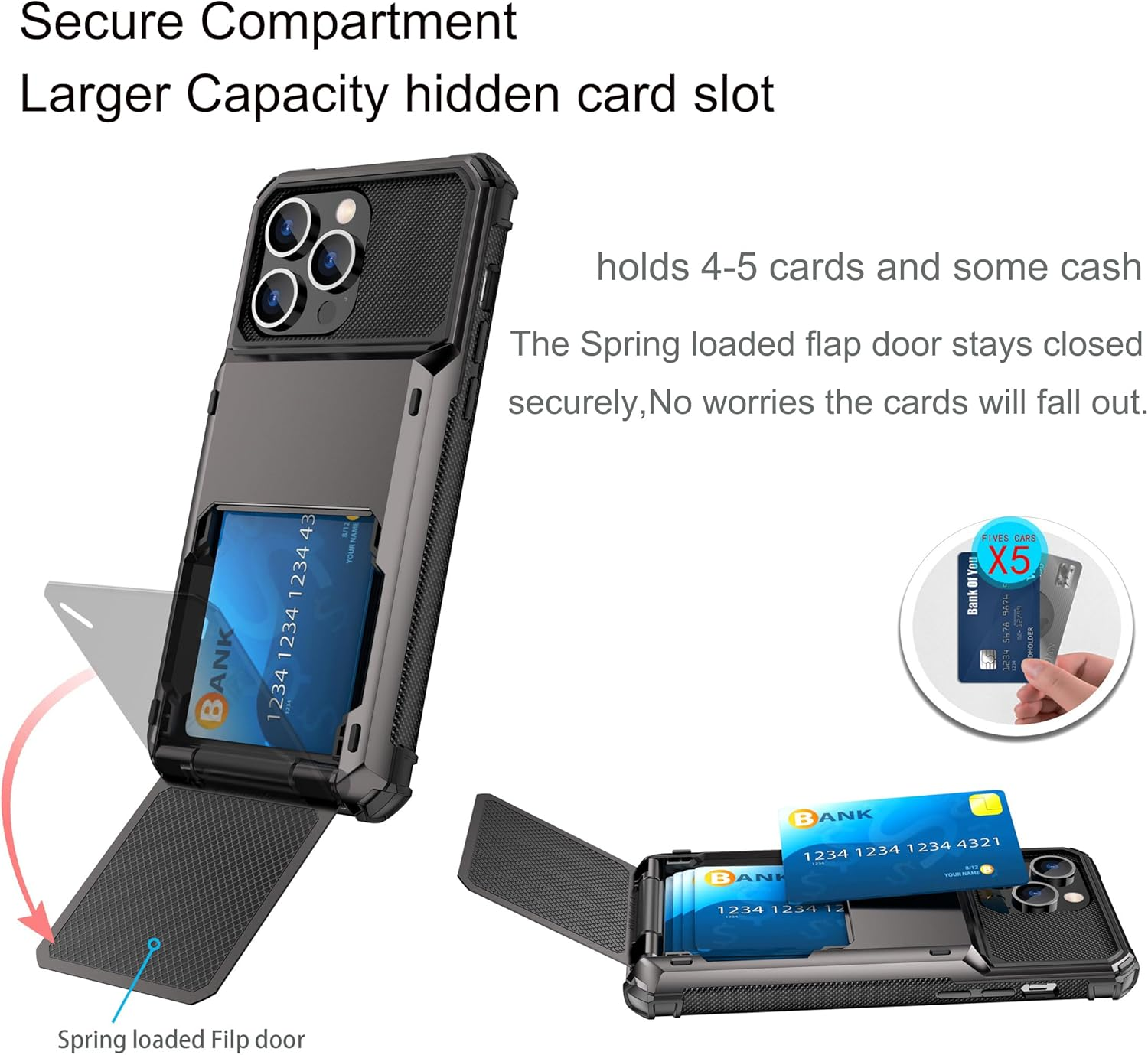 For Iphone 12 Pro Max Case with Card Holder[Store 5 Cards] Wallet Case with Hidden Card Slot, Heavy Dual Layer Shockproof Protective Phone Cover for Apple Iphone 12 Pro Max,Grey image number 5