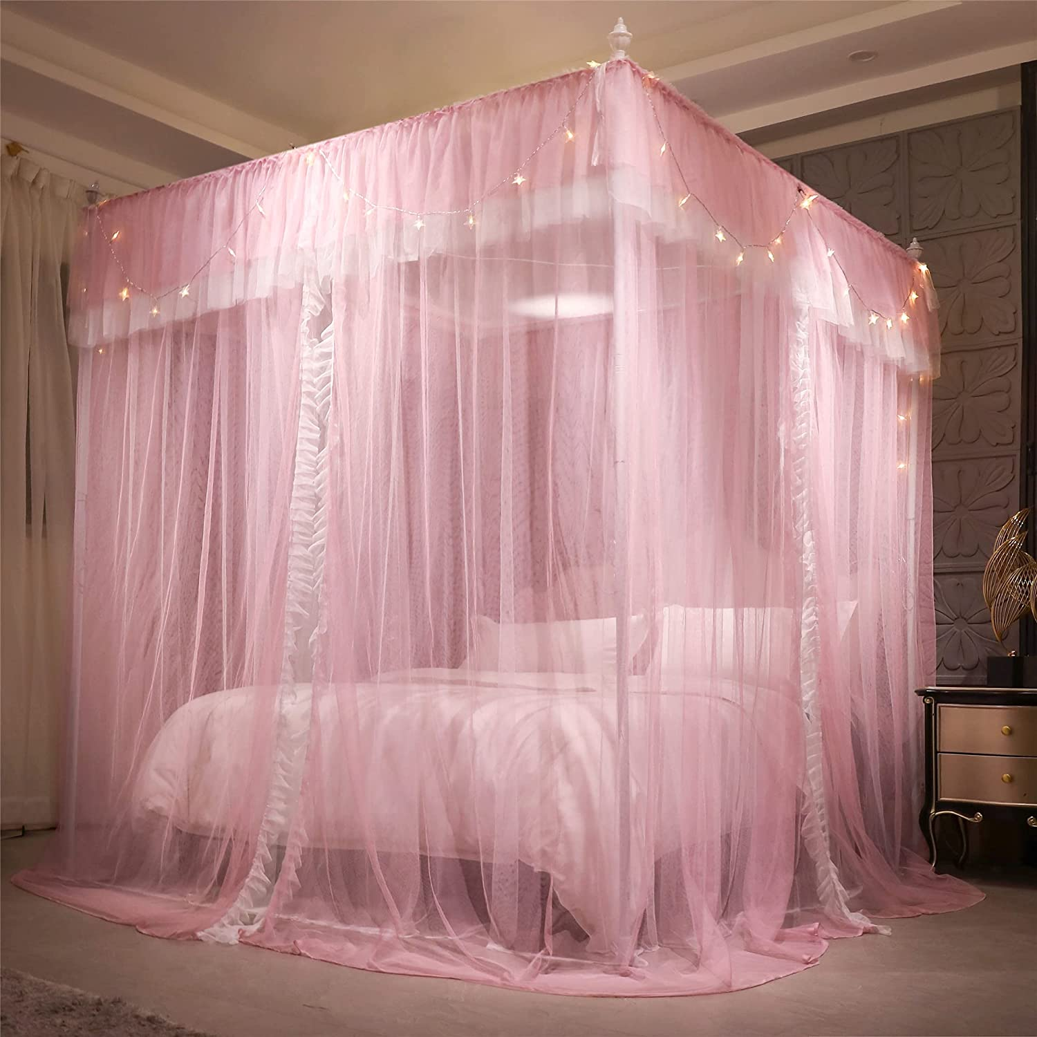 VETHIN 4 Corners Post Ruffle Princess Bed Canopy Curtain-Double Layer Cozy Drape Netting 4 Opening Mosquito Net for Girls Adults Bedroom Decoration (Pink/Whtie, 53" W*78" L*82"*H/(Full)) image number 2