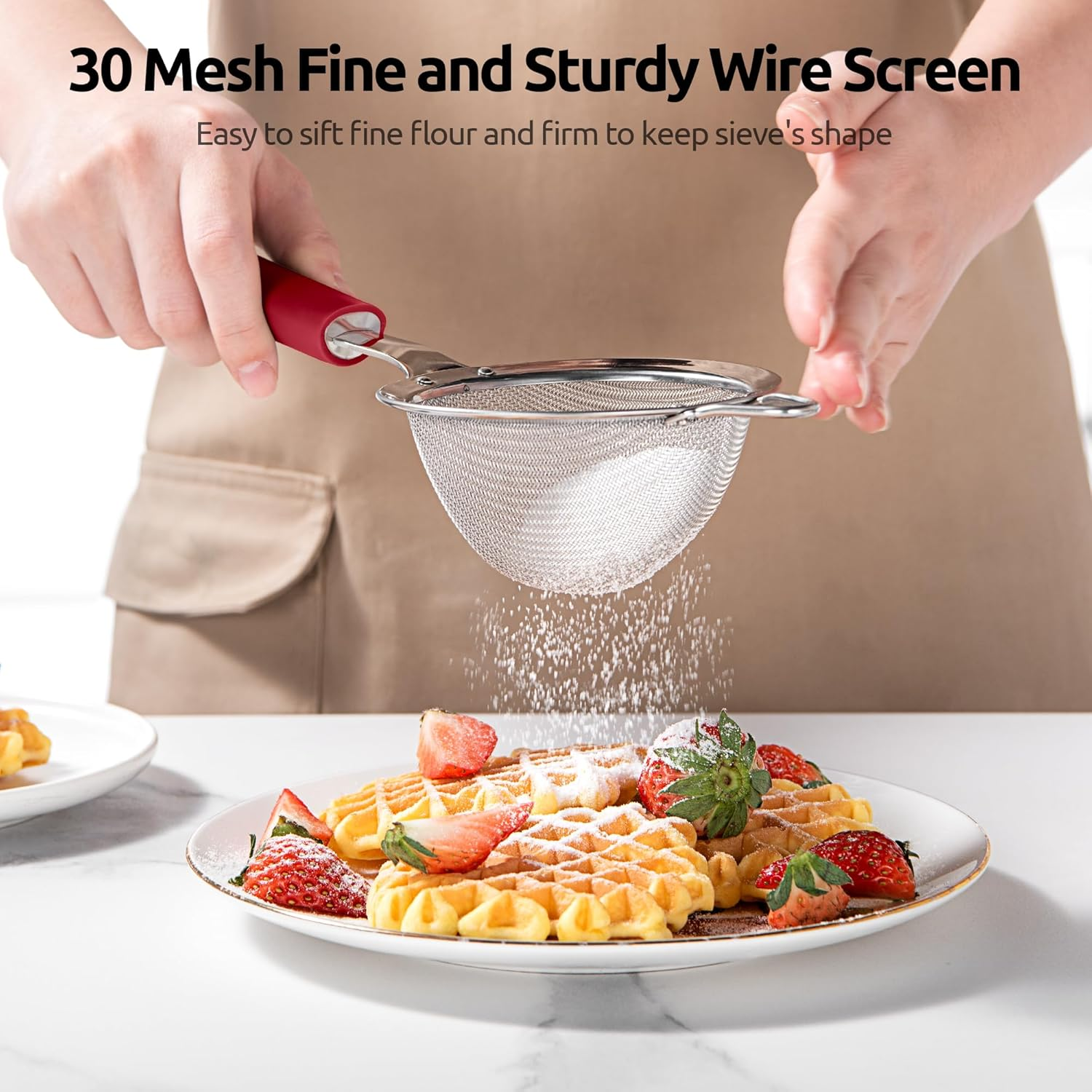 U-Taste 8.5Cm Small Mesh Strainer - 18/8 Stainless Steel Kitchen 30-Mesh Fine Food Sieve with Heavy Duty Riveted Silicone Handle, 5.5Cm Deep Handheld Metal Fruit Colander for Tea, Juice (Red) image number 6