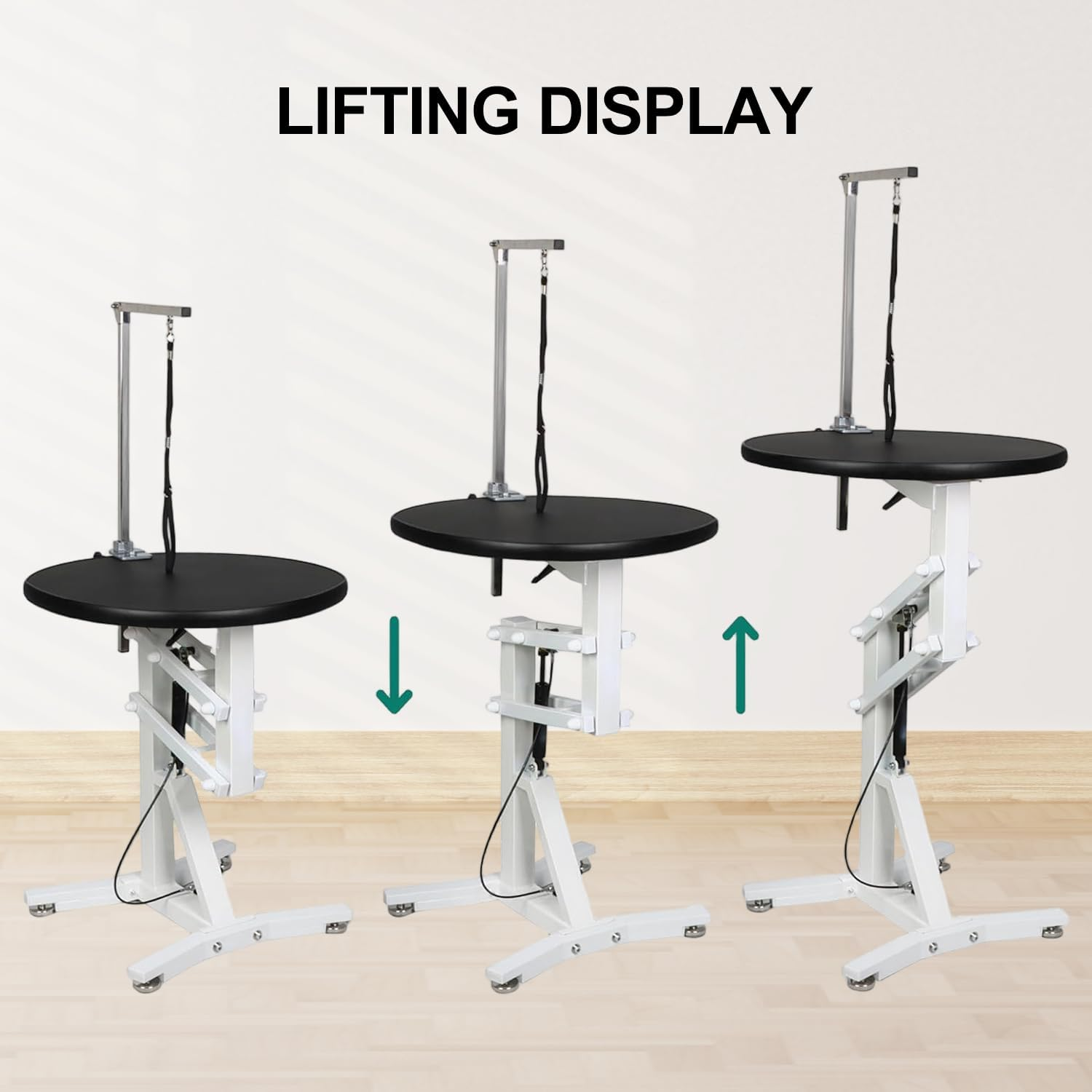 Pneumatic Lift Pet Grooming Table, Rotating Desktop Grooming Table, round Dog Cat Trimming Station with Toolbox Adjustable Overhead Arm and Table Height Max Load 110Lbs image number 6