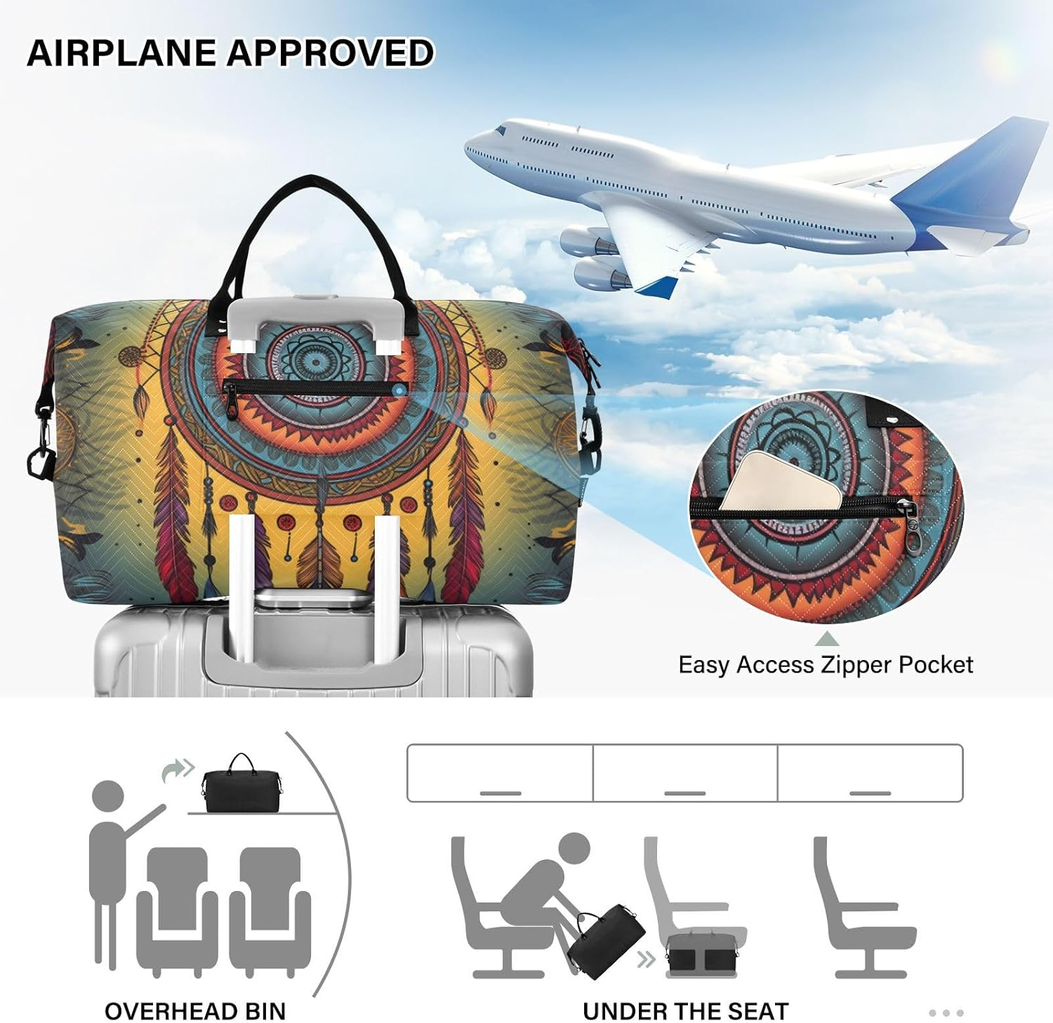 XYMZR Large Travel Duffel Bag, Dreamcatcher Sports Tote Gym Bag, Shoulder Weekender Overnight Bag for Women Men, Carry on Luggage with Toiletry Bags, Multi-Colored, Multi-Colored image number 1