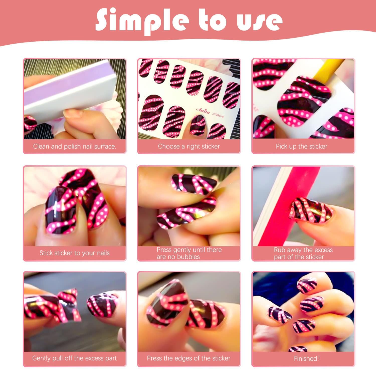 DANNEASY 16 Sheets Nail Wraps for Women Nail Polish Strips Solid Color Self Adhesive Sticker Nails Acrylic Nail Art Accessories with 1Pc File, Cuticle Stick (Pink Red)