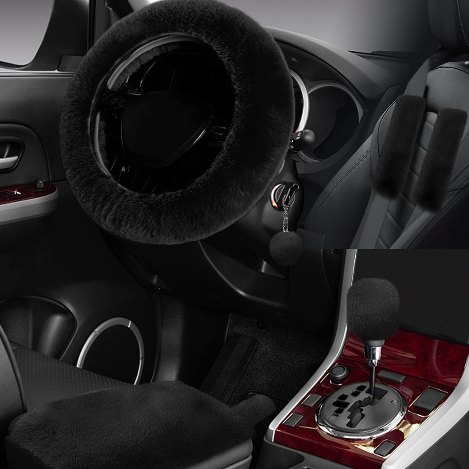 Wazzh 7PCS Set Car Interior Aesthetic Accessories, Fluffy 15 Inch Steering Wheel Cover, Armrest Pad, Seat Belt Cover,Gear Shift Cover, Fit Girly Car Accessories for Women.