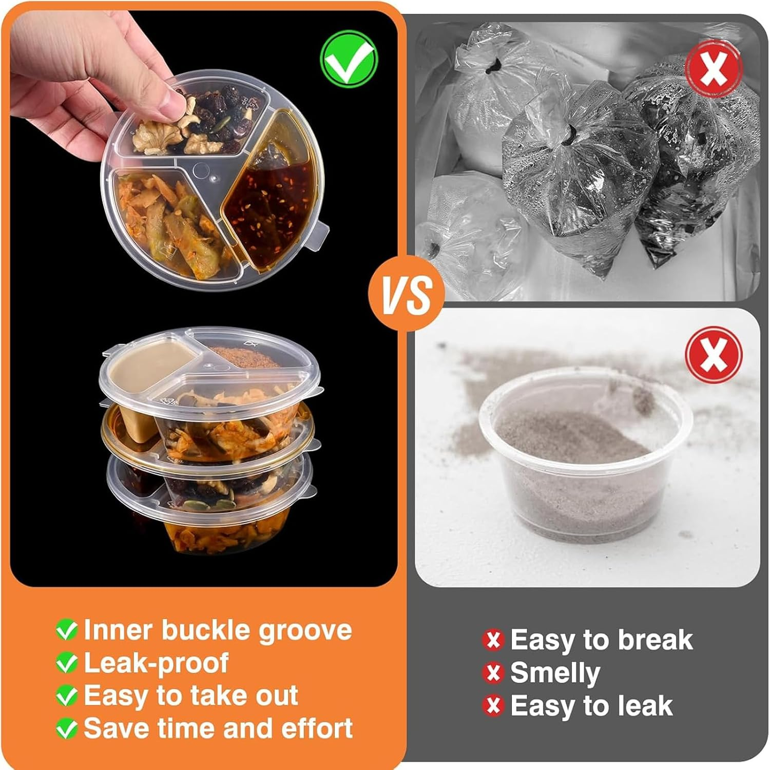 Auzly 40-Pack 3-Compartment Snack Containers | Leak-Proof Reusable Food Storage with Lids | Triple Section Bento Box for Sauces, Nuts, Fruits | Portable Condiment Cups for Picnic, Party, Takeout image number 2