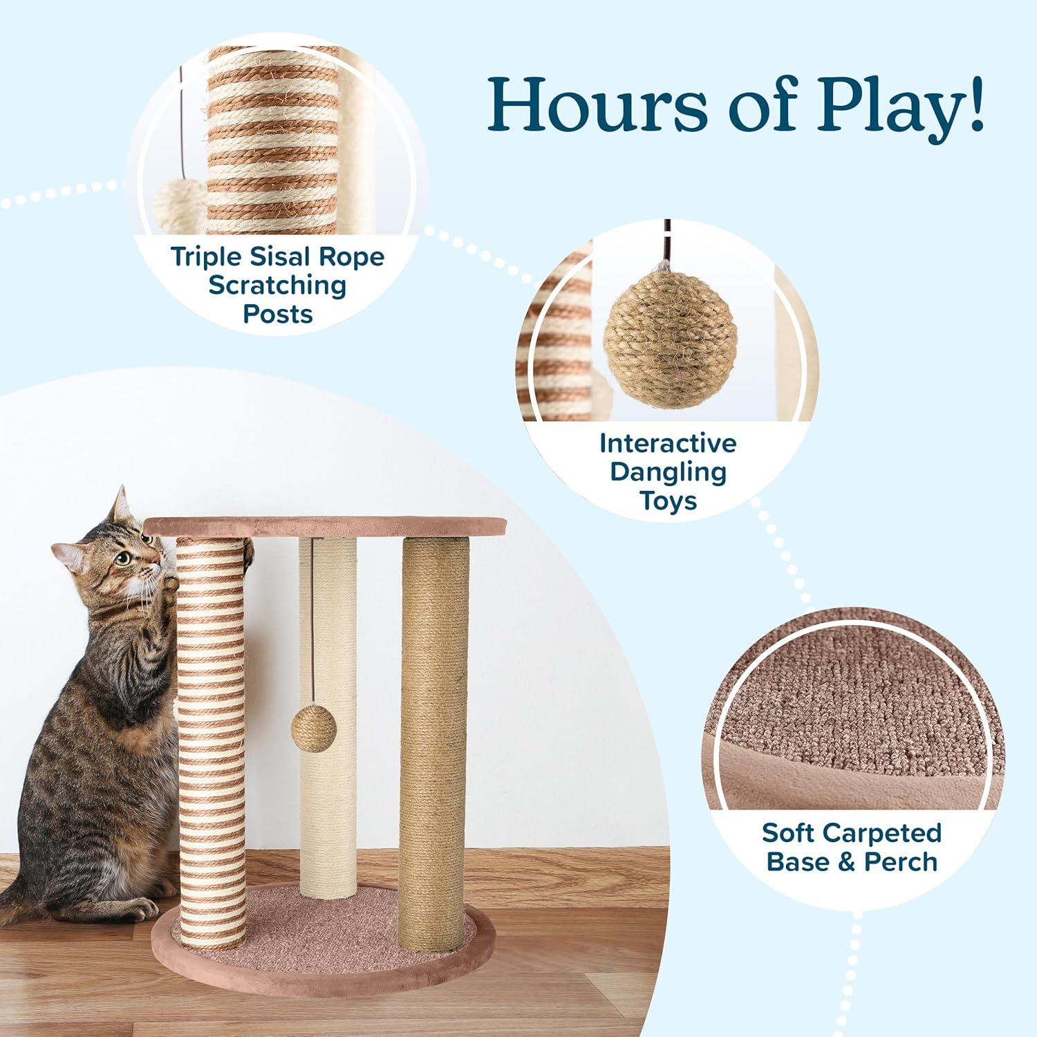 PETMAKER Cat Scratching Post - 3 Scratcher Posts with Carpeted Base Play Area and Perch - Furniture Scratching Deterrent for Indoor Cats by (Brown) image number 4