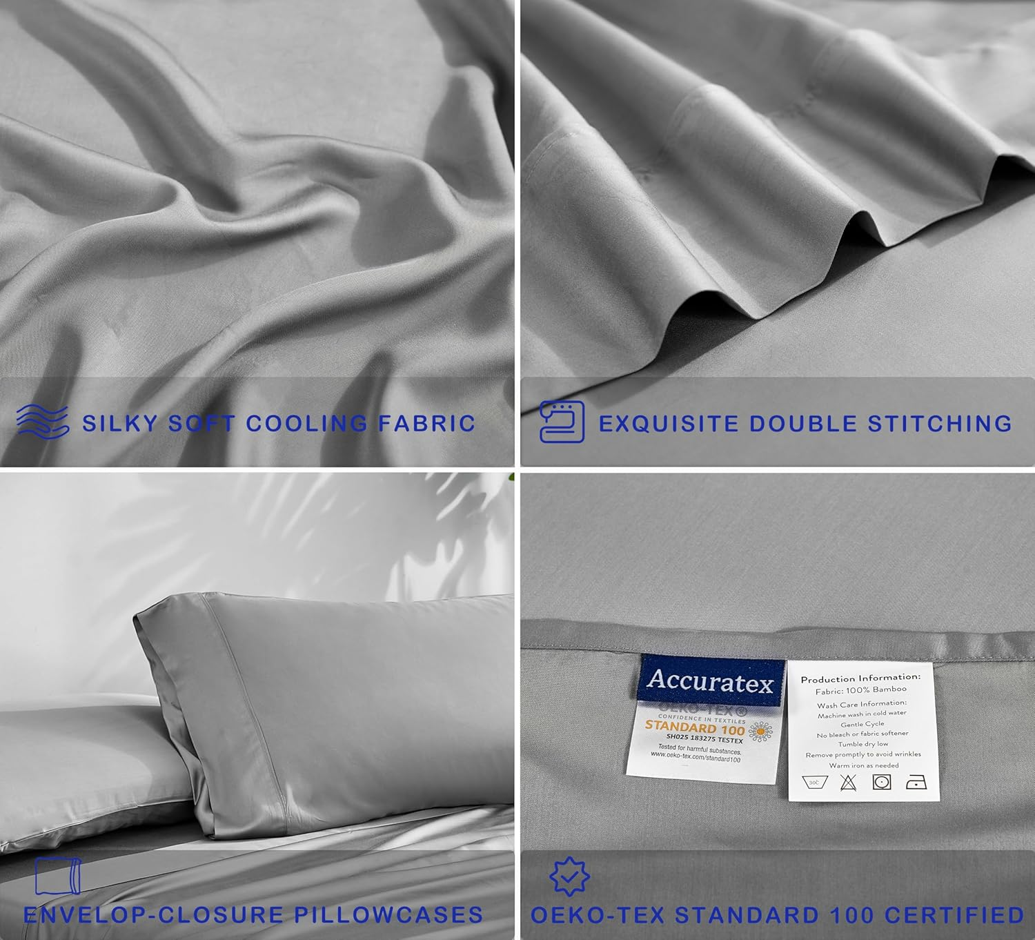ACCURATEX Bamboo Sheets King Size- 100% Viscose Made from Bamboo, Luxury Hotel Style Cooling Sheet Set for Hot Sleepers, Super Soft Breathable Bedding Sheets up to 45 CM Deep Pockect,King Siz,Grey image number 2