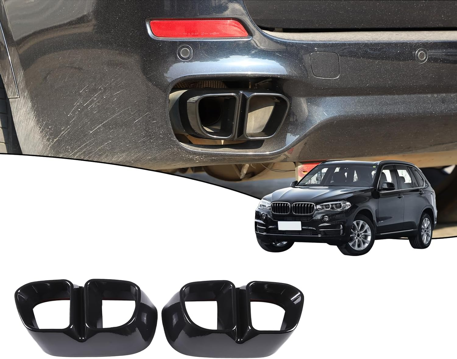 Aluminum Alloy Exterior Accessories Exhaust Muffler Tail Pipe Trim Cover for BMW X5 F15 X6 F16 2014-2019(Suitable for M Sports Version) (Bright Black) image number 4