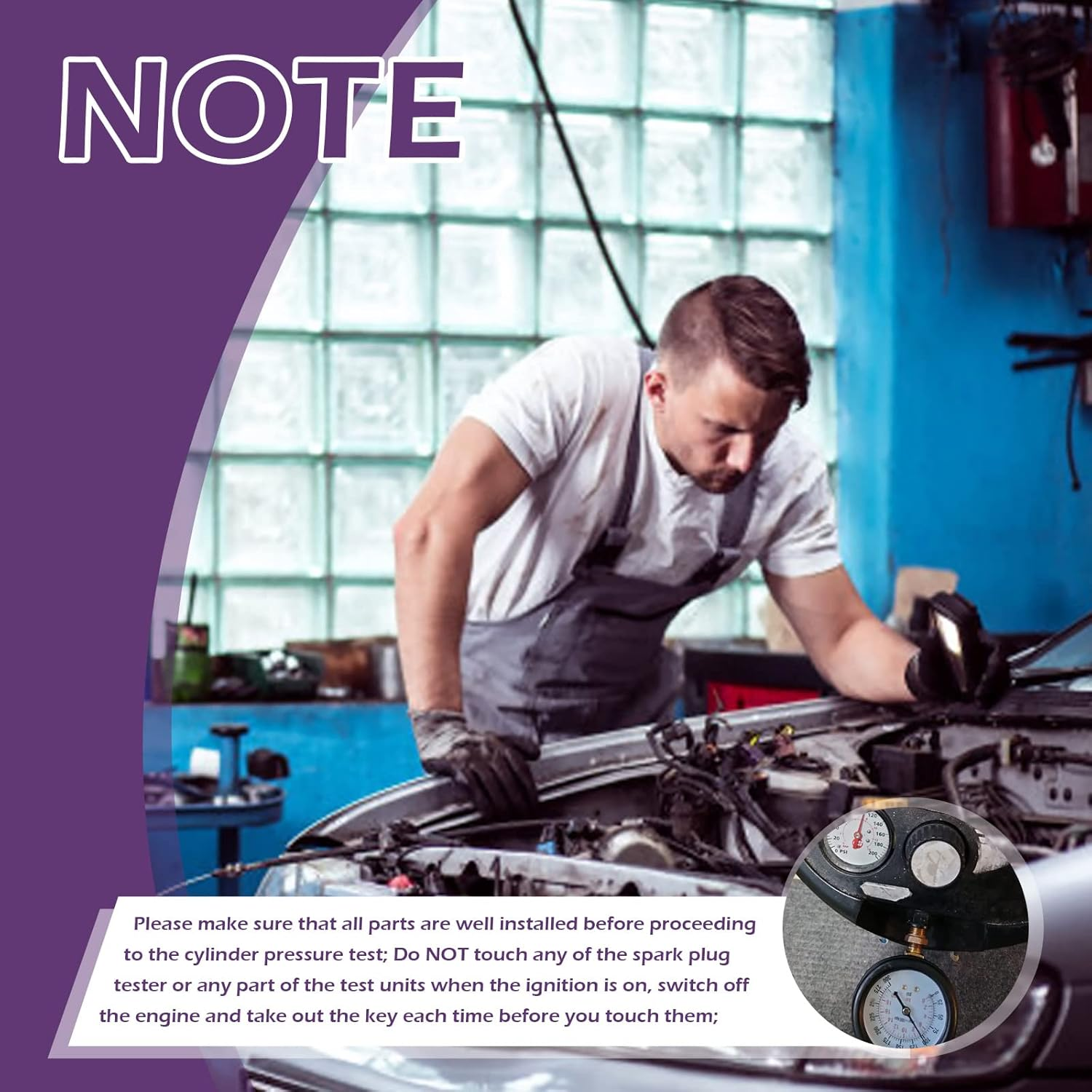 Swpeet 10Pcs Automotive Compression Tester Kit and Spark Plug Tester with Steel Metric and Imperial Feeler Gauge Assortment Kit, Universal Car and Motorcycle Engine Testing Tools