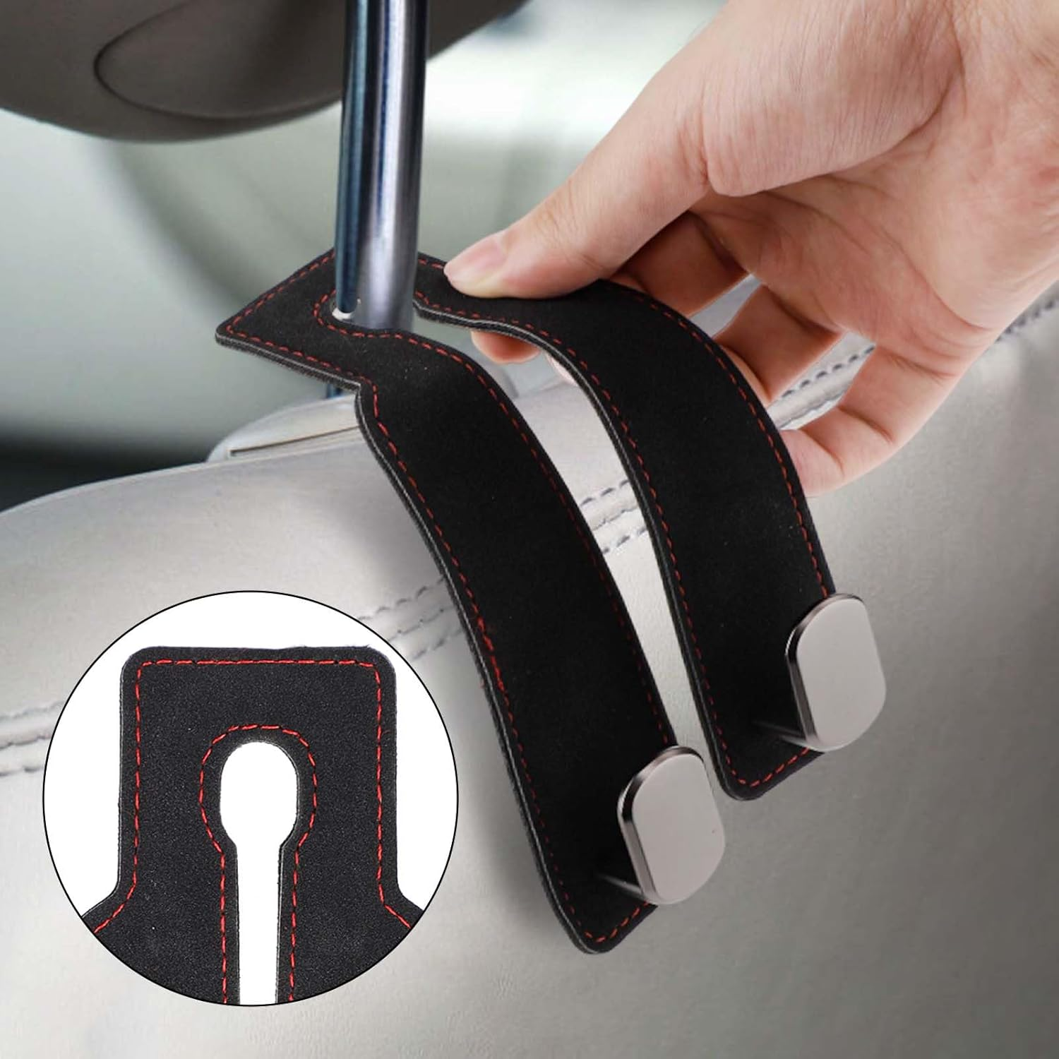 PEUTIER 2Pcs Car Headrest Hooks, Suede & Oxford Cloth with Galvanized Metal, Minimalist Car Seat Organizer Hooks for Purse, Umbrellas, Bags (Black) - Grey image number 5
