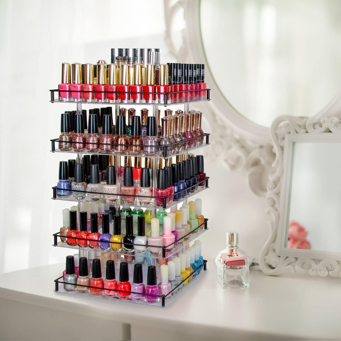 Jackcubedesign 5 Tier Acrylic 350 Nail Polish 360 Rotating Display Rack Organizer Stand Makeup Cosmetics Storage Box Carousel Shelf with Iron Guard(5Tier) ? :MK302-5 image number 6