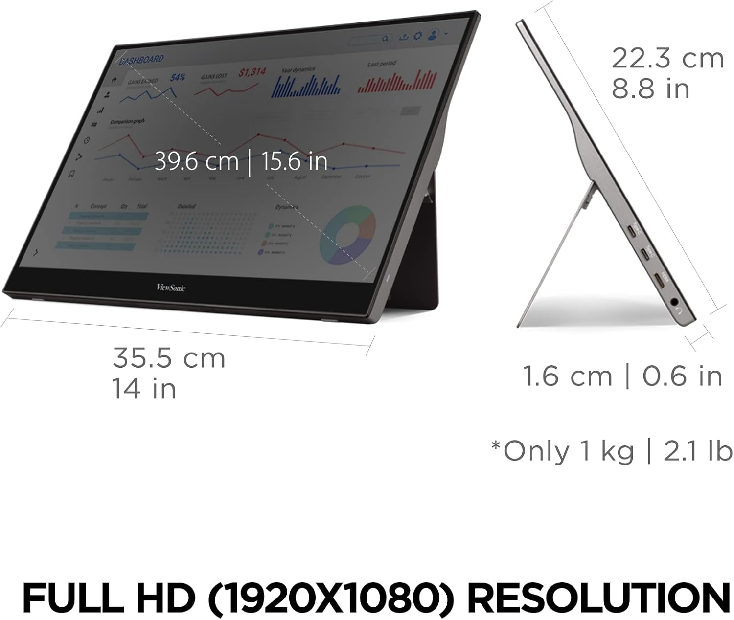 Viewsonic TD1655 15.6&rsquo;&rsquo; FHD 1080P Touch Portable Laptop Monitor, IPS, 10-Point Touch, Tilt Ergonomics, Lightweight, Dual USB-C One-Cable Solution, Eye Care, Dual Speakers, Lightweight, External Screen image number 2