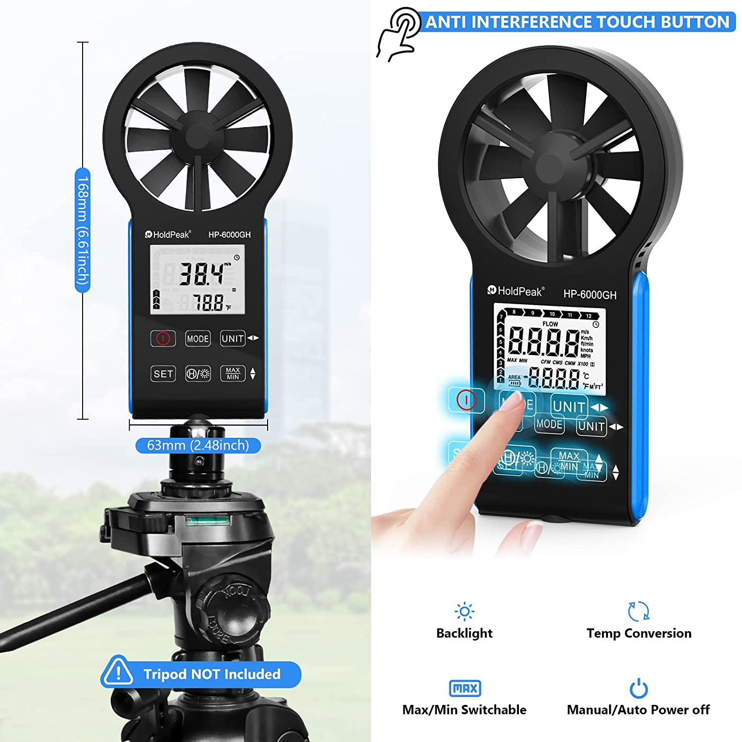 HOLDPEAK Digital Anemometer with Anti-Interference Touch Button, HP-6000GH Type-C Rechargeable Handheld Anemometer Measure Wind Speed, Wind Volume and Temperature, New Outdoor Air Flow Meter