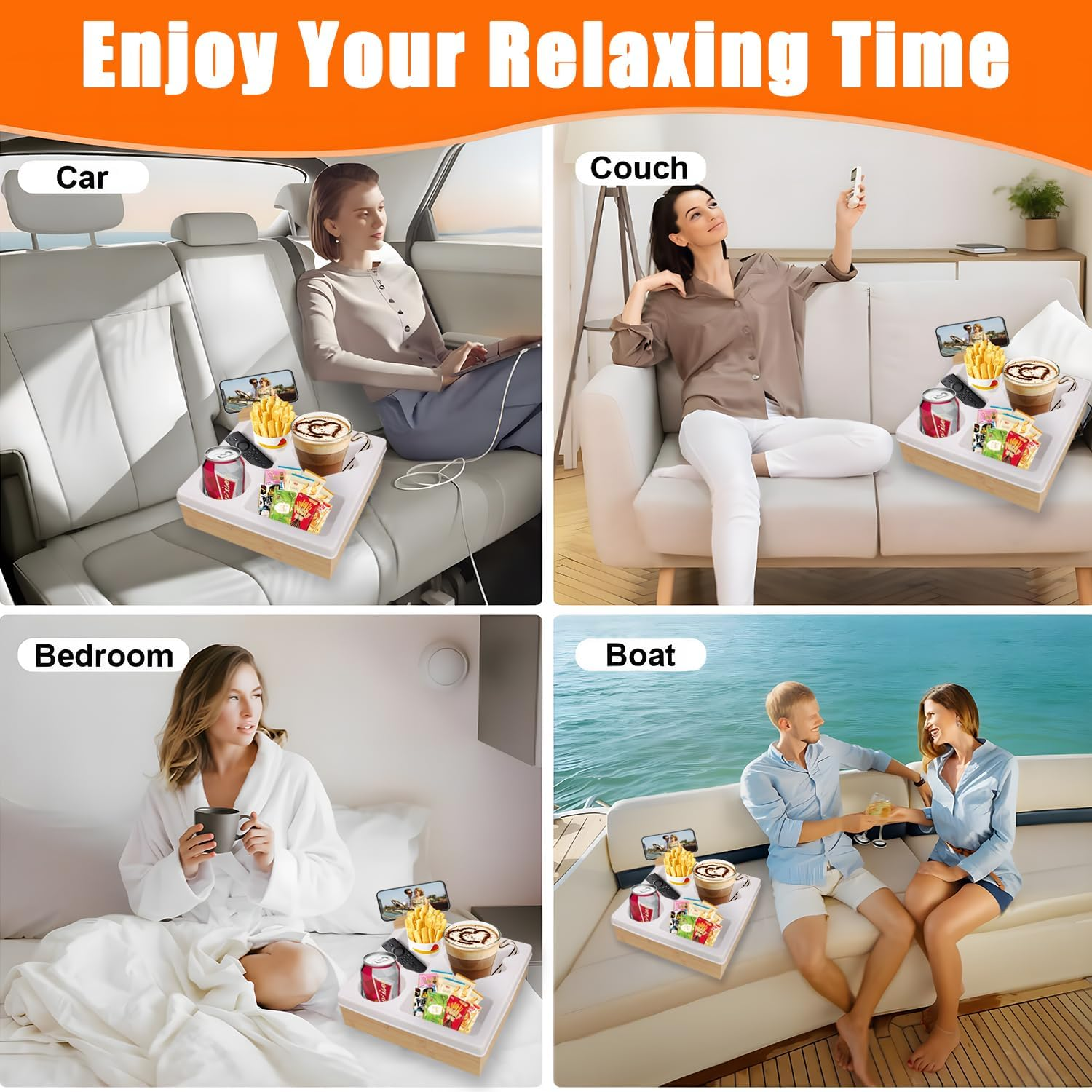 Uandhome Couch Cup Holder Tray,Handy Silicone Bamboo Couch Caddy with Rotatable Phone Holder for Bed Car Seat Organizer, Waterproof Anti-Spill Sofa Cup Holder for Snacks Beverage Remote(White) image number 5