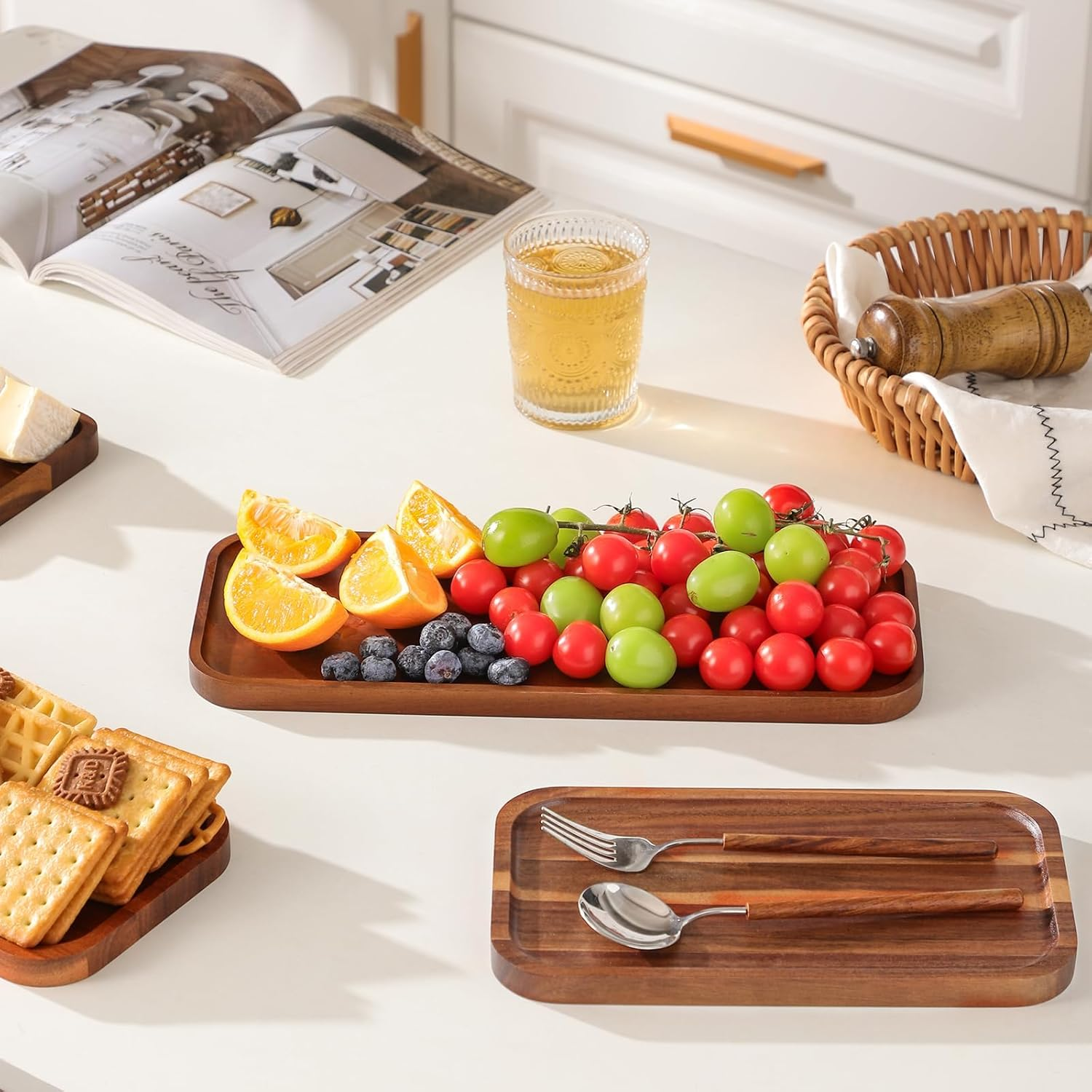 Solid Acacia Wood Serving Trays and Platters - Wooden Mini Charcuterie Boards, Rectangle Small Cheese Board for Food, Bathroom, Home Decor, Kitchen Counter, (25.5X14 CM, 1 Pack) K01 image number 5
