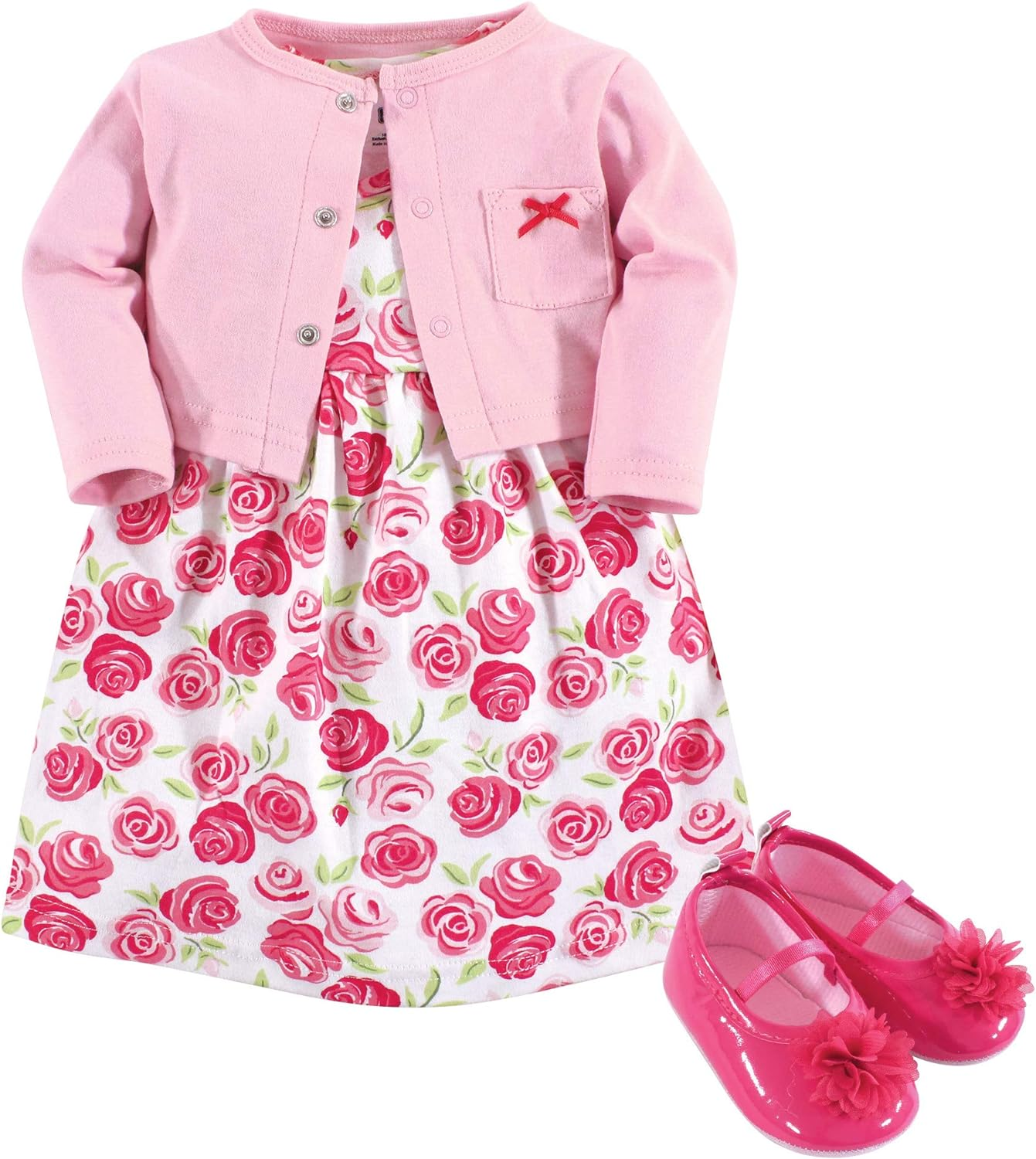 Hudson Baby Baby-Girls 3 Piece Dress, Cardigan, Shoe Set Long Sleeve Casual Dress - Pink image number 3