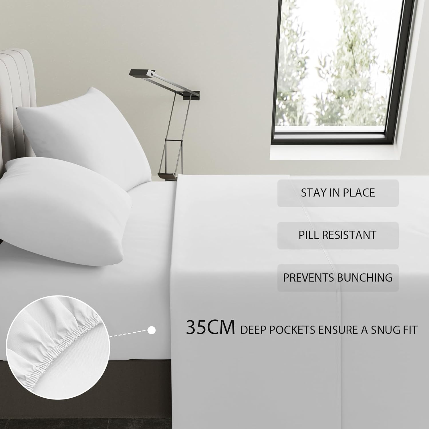 RUN HELIX 4 Pieces King Bed Sheet Set - Ultra Soft Microfibre Fabric Fitted Sheet with 35Cm Deep Pocket, Mattress Protector, Easy Care, Wrinkle Free, Fitted Sheet & Flat Sheet & 2 Pillowcases, White image number 6