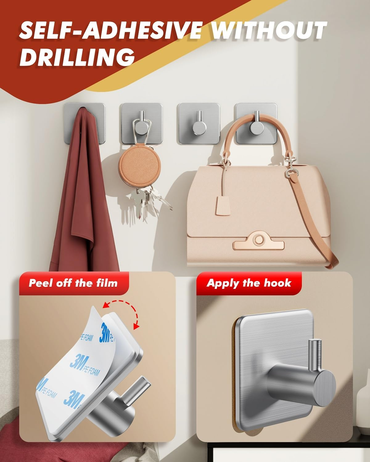 Auxmir Adhesive Wall Hooks Heavy Duty 30Lb/14Kg(Max) Towel Hooks, 5 Packs Self Adhesive Utility Hooks Stainless Steel for Coat Robe, Waterproof Rustproof Oilproof for Bathroom Shower Kitchen Office image number 4