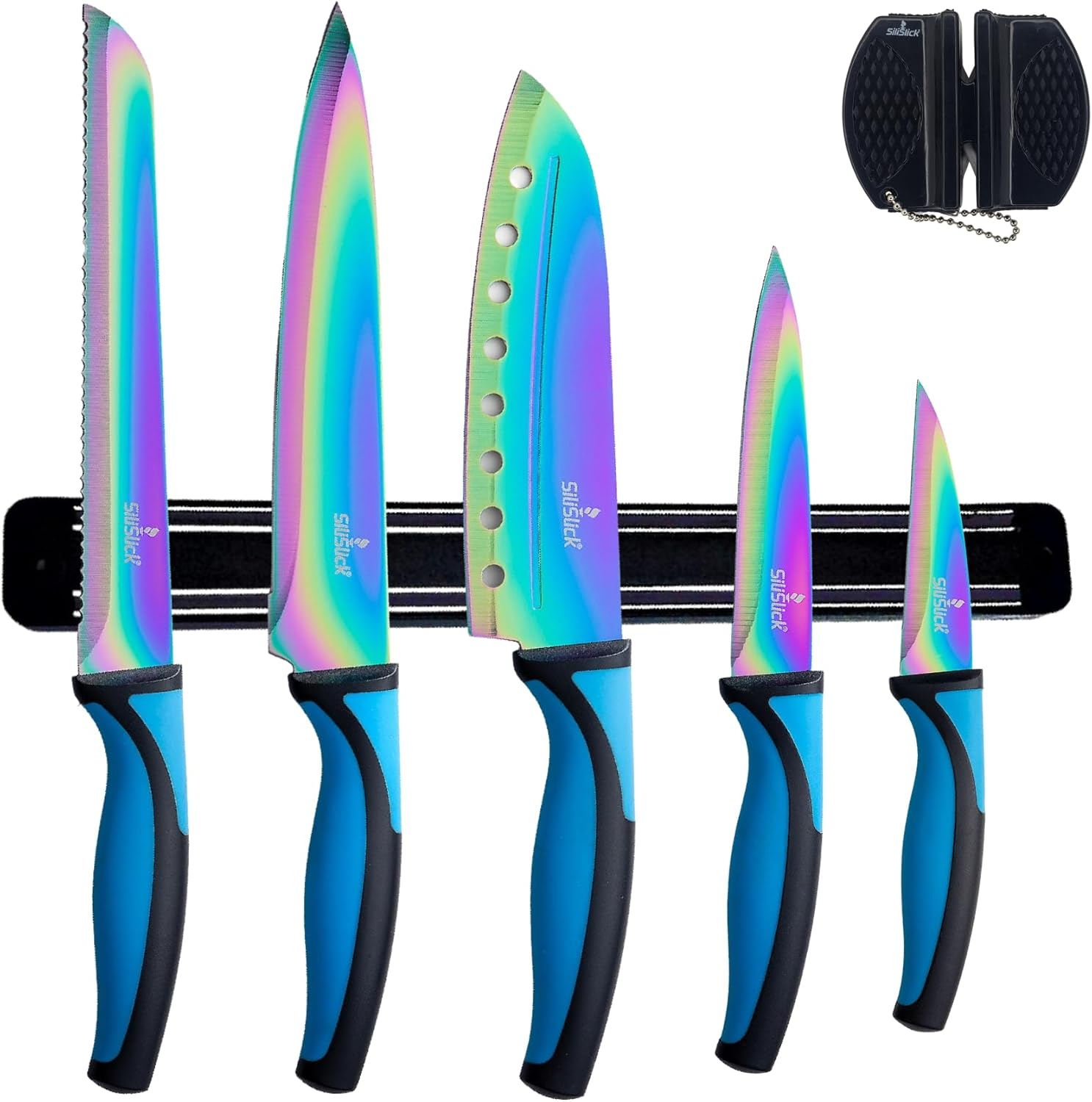 Silislick Kitchen Starter Kit | 5 Pcs Rainbow Titanium Stainless Steel Knife Set | Magnetic Strip Tool Rack | Portable Knife Sharpener (Red Handle | Red Rack)