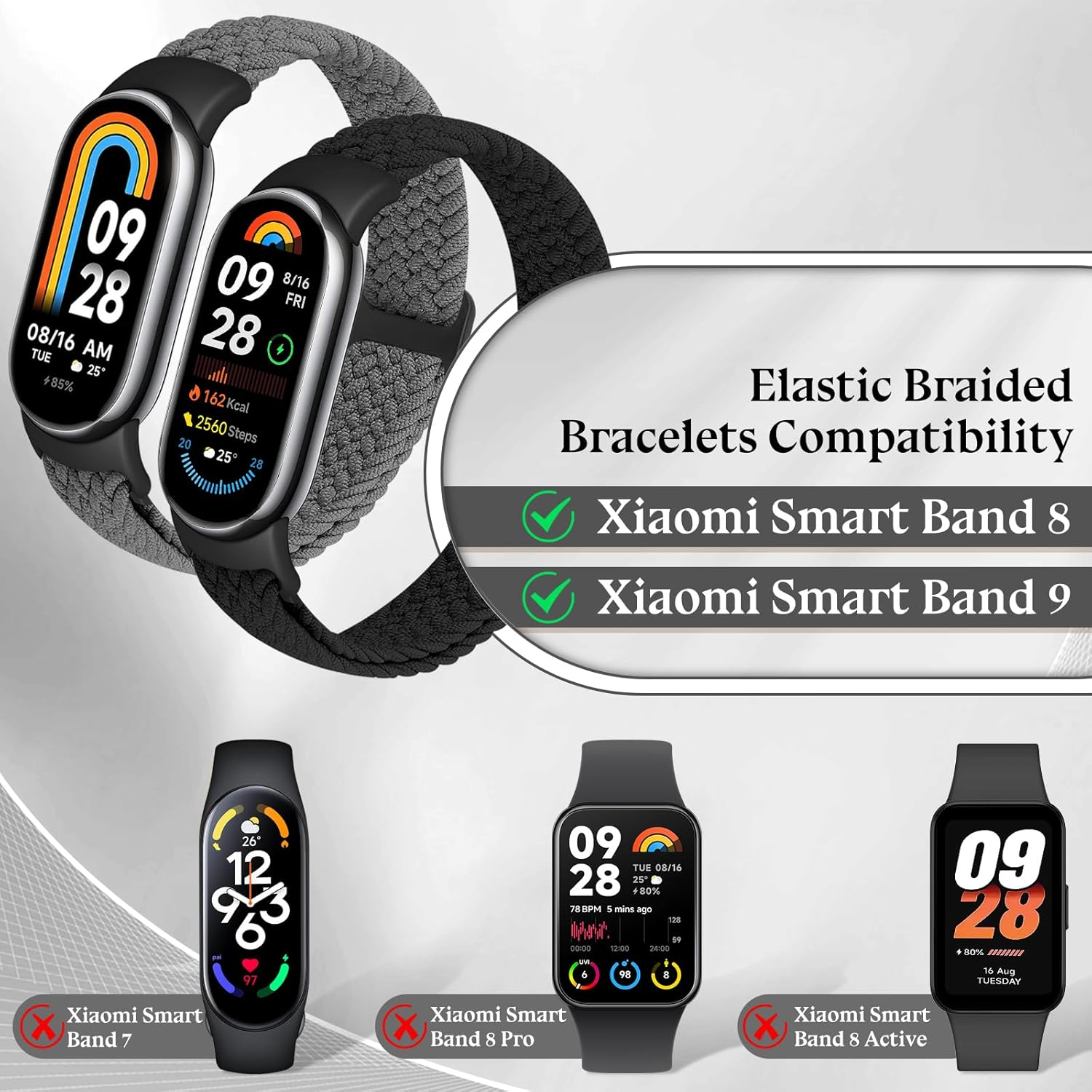Braided Bands Compatible with Xiaomi Mi Band 10/9/8 Straps for Women Men, Elastic Adjustable Solo Loop Nylon Woven Replacement Wristbands for Xiaomi Mi Band 9/8