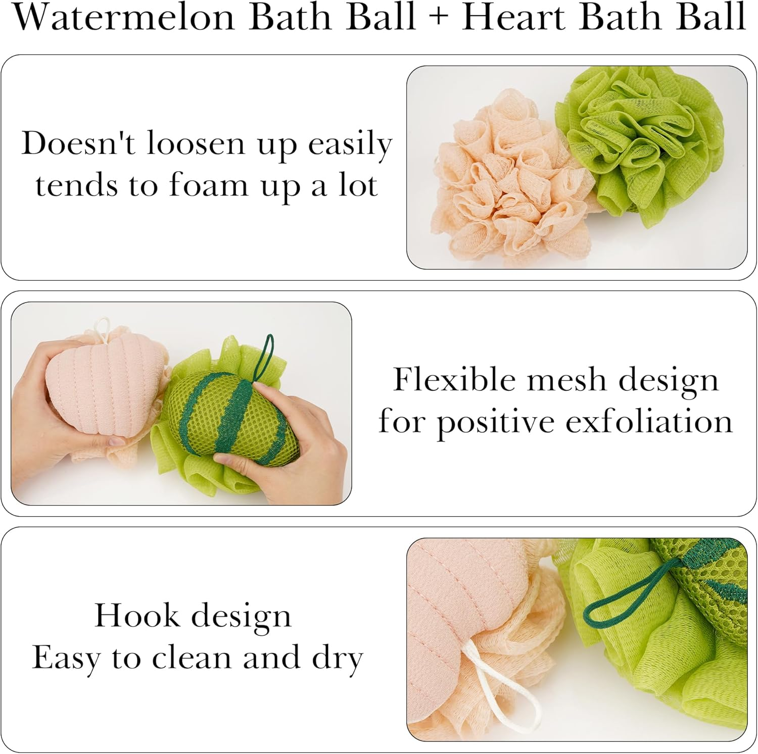 Reignsword 2 Pack Cute Bath Loofah, Cartoon Watermelon & Love Heart Shape - Mesh Shower Sponge Body Scrubber, Exfoliating Bath Accessories for Women image number 2