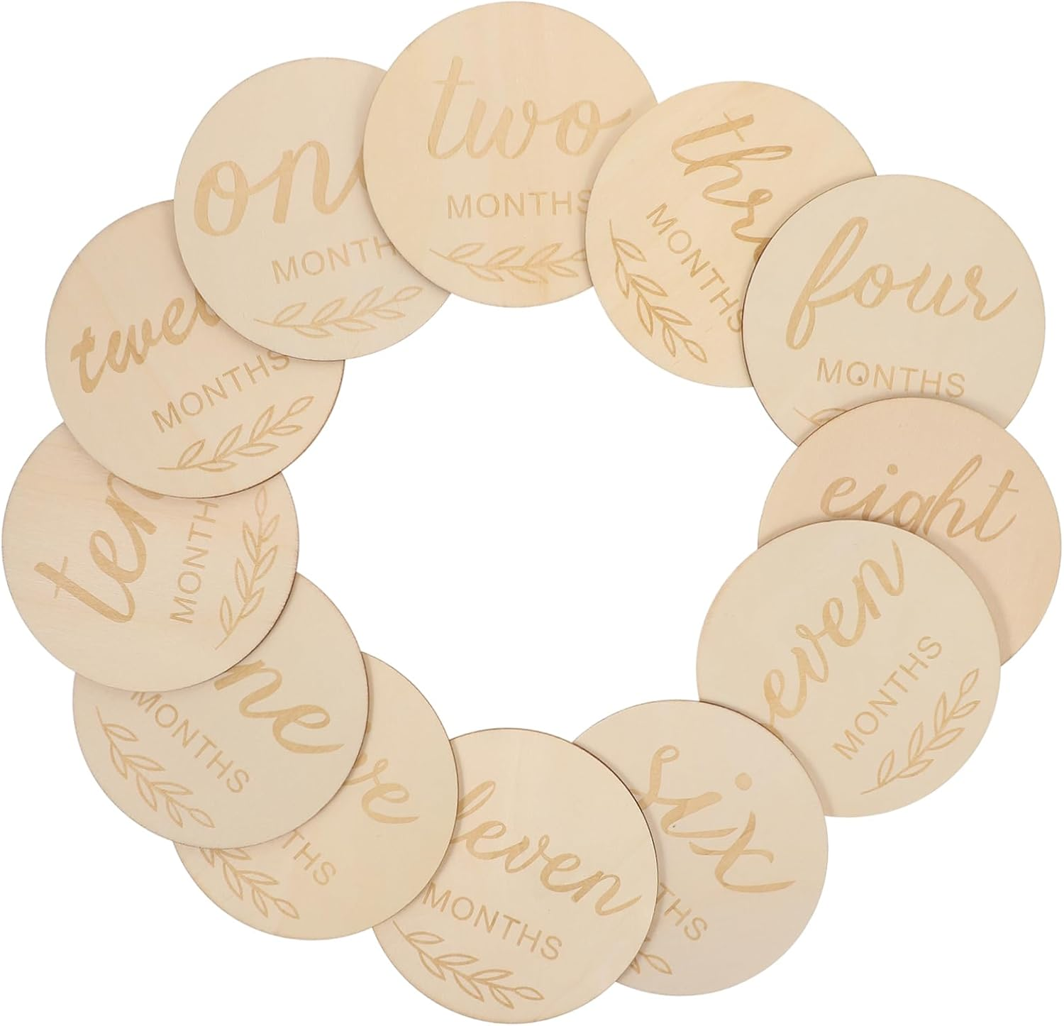 HOODANCOS 12Pcs Wooden Milestone Cards with Laser Engraving Monthly Photo Props for Newborns Decorative round Discs for Shower Boys Unique Growth Commemoration Set image number 2