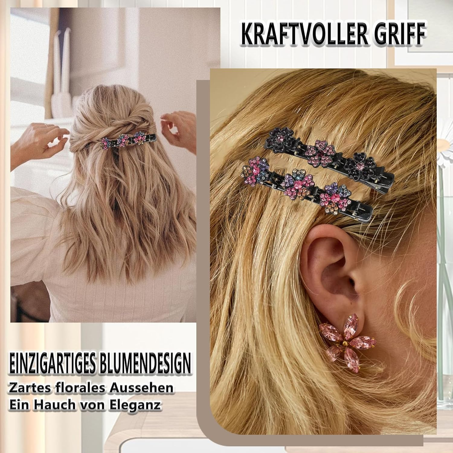 Whaleo Set of 8 Five Leaf Clover Hair Clips Flower Hair Clips Women'S Crystal Hair Accessories Ladies, Braided Hair Clip Girls, Create a Variety of Stylish Hairstyles image number 2