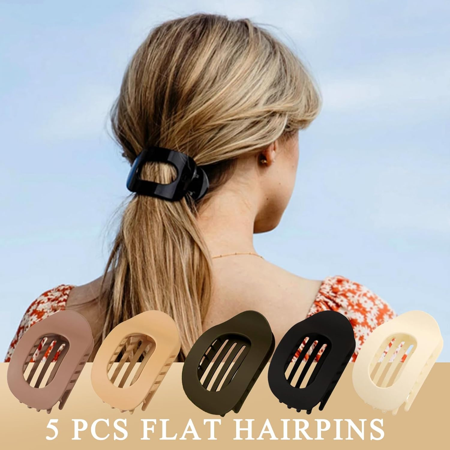 SSKHE Flat Claw Clips, Stylish Neutral Color Hair Barrettes, round Lay down Hair Clip for Thick Hair and Thin Hairs, Matte Large Duck Billed Design, Durable, Lightweight and Non-Slip(5Pcs)