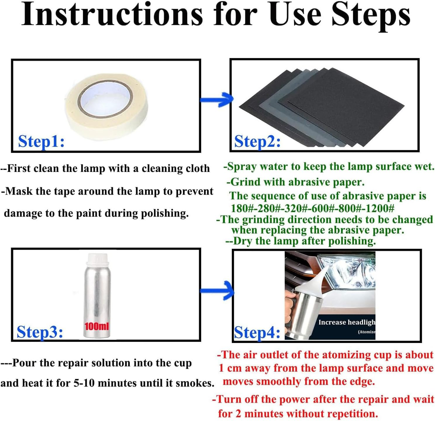 Car Headlight Restoration Kit, Auto Headlight Lens Polish Repair Kit Atomizing Cup Headlight Vapor Renovation Tool with 100Ml Liquid for Repair of Scratch,Yellowed, Haze, Oxidized, Cracked Headlights image number 4