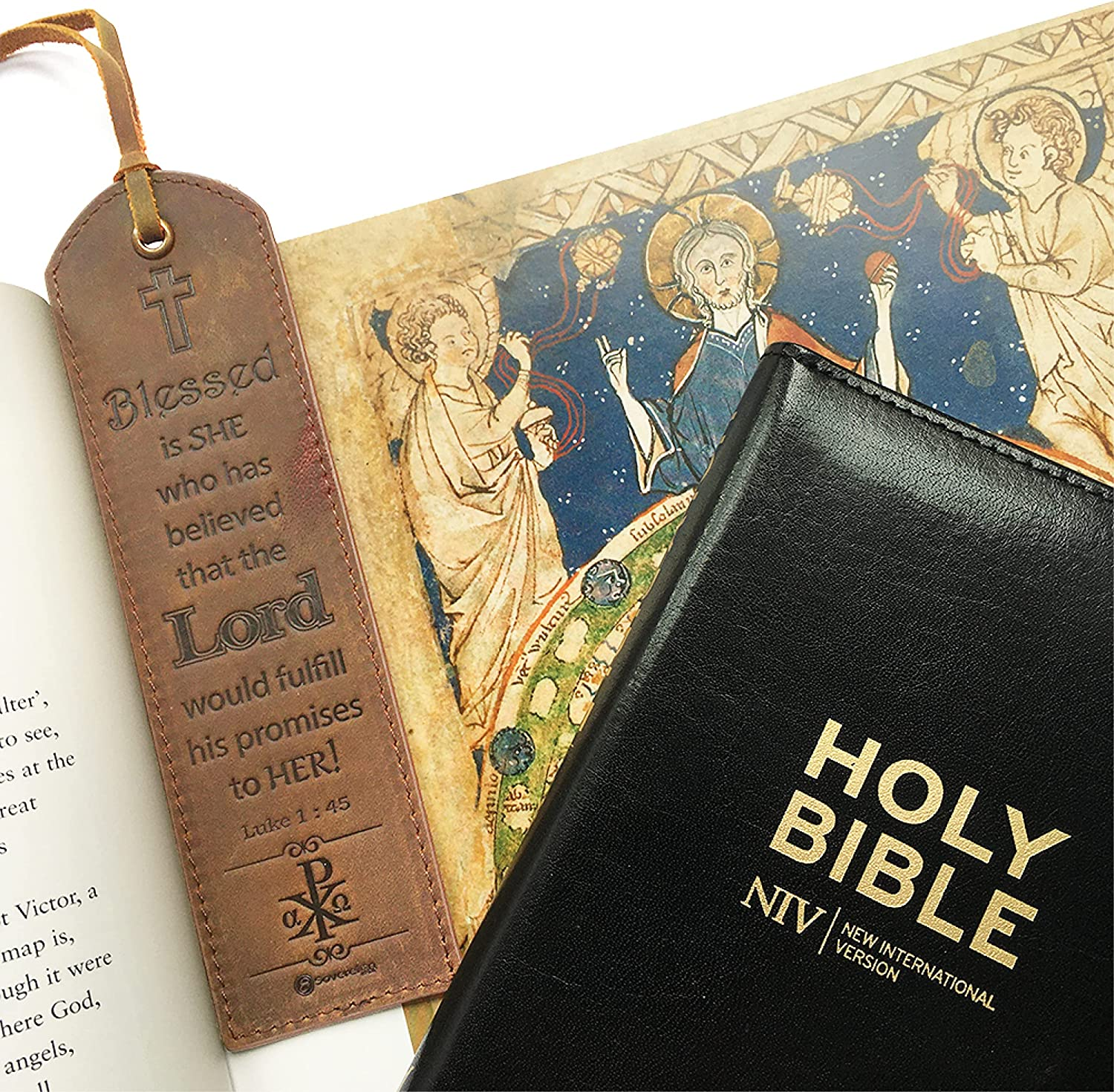 Leather Bible Bookmarks - 2 Leather Christian Bookmarks with Inspirational Bible Verse | Luke 1: 45 Blessed Is She | Perfect Religious Book Marker Gifts for Men, Women, Readers and Friends image number 1