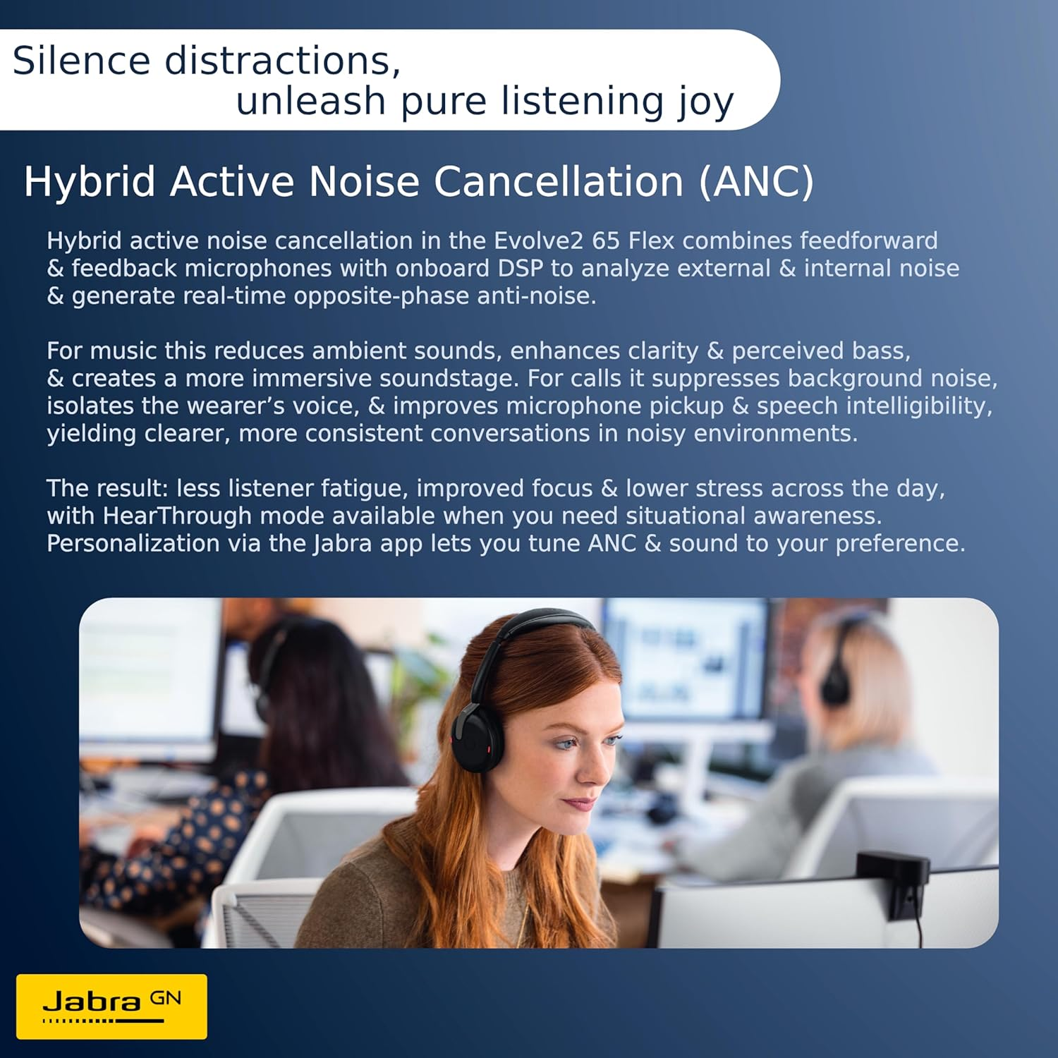 Jabra Evolve2 65 Flex Wireless Headset - Bluetooth - 6X Mic - ANC Active Noise Cancelling in Microphone & Headphones - Rich, Immersive Sound - on Ear - 32Hr Batt - UC Certified - Office PC - USB C image number 4