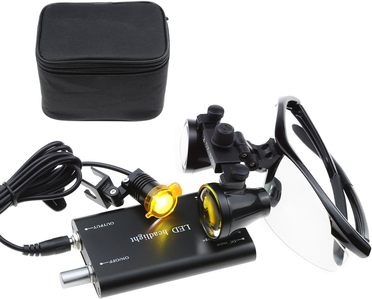 Tankredrug 3W Black LED Headlight Lamp Yellow Filter Clip on 2.5X Binocular Loupes 420Mm Optical Glasses with Cloth Bag