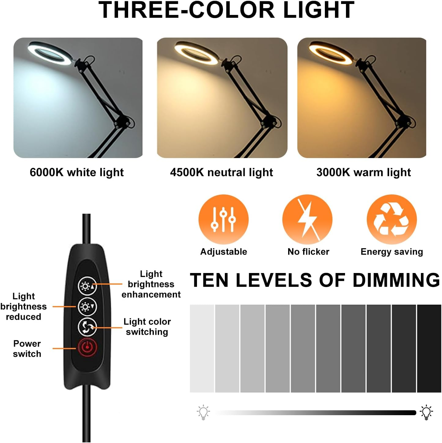 Magnifying Glass with Light and Stand, 10X LED Magnifying Glass, 3 Color Modes 10 Levels Dimming, for Home, Office, Drawing, Tailoring, Soldering image number 5