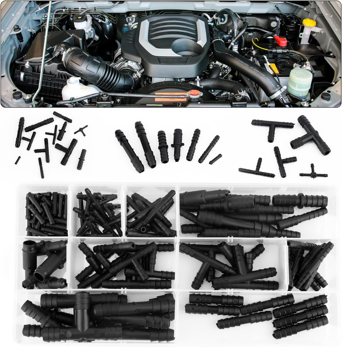 113Pcs Vacuum Connector Assortment, Automotive Vacuum Tubing Connector Vacuum Hose Connector Tee/Straight/Reducer Vacuum Line Connectors Vacuum Fittings (12 Sizes) image number 4