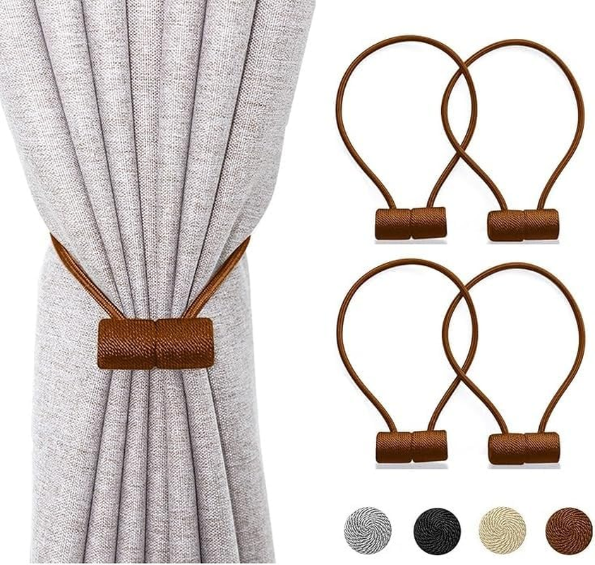 4Pcs Strong Magnetic Curtain Tiebacks Outdoor Elegant Decorative Tie Backs Modern Rope Tiebacks for Drapes Strong Magnet Curtain Holdbacks (Brown)