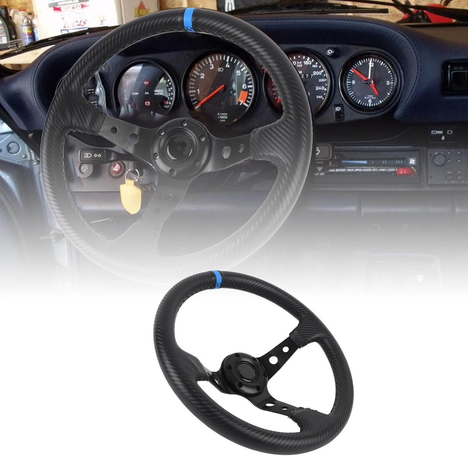 Jiawu 14In Blue Universal Car Racing Steering Wheel, Pvc+Aluminum, Carbon Fiber Look, Compatible with Passenger Car, Truck, SUV, Van - Blue image number 3