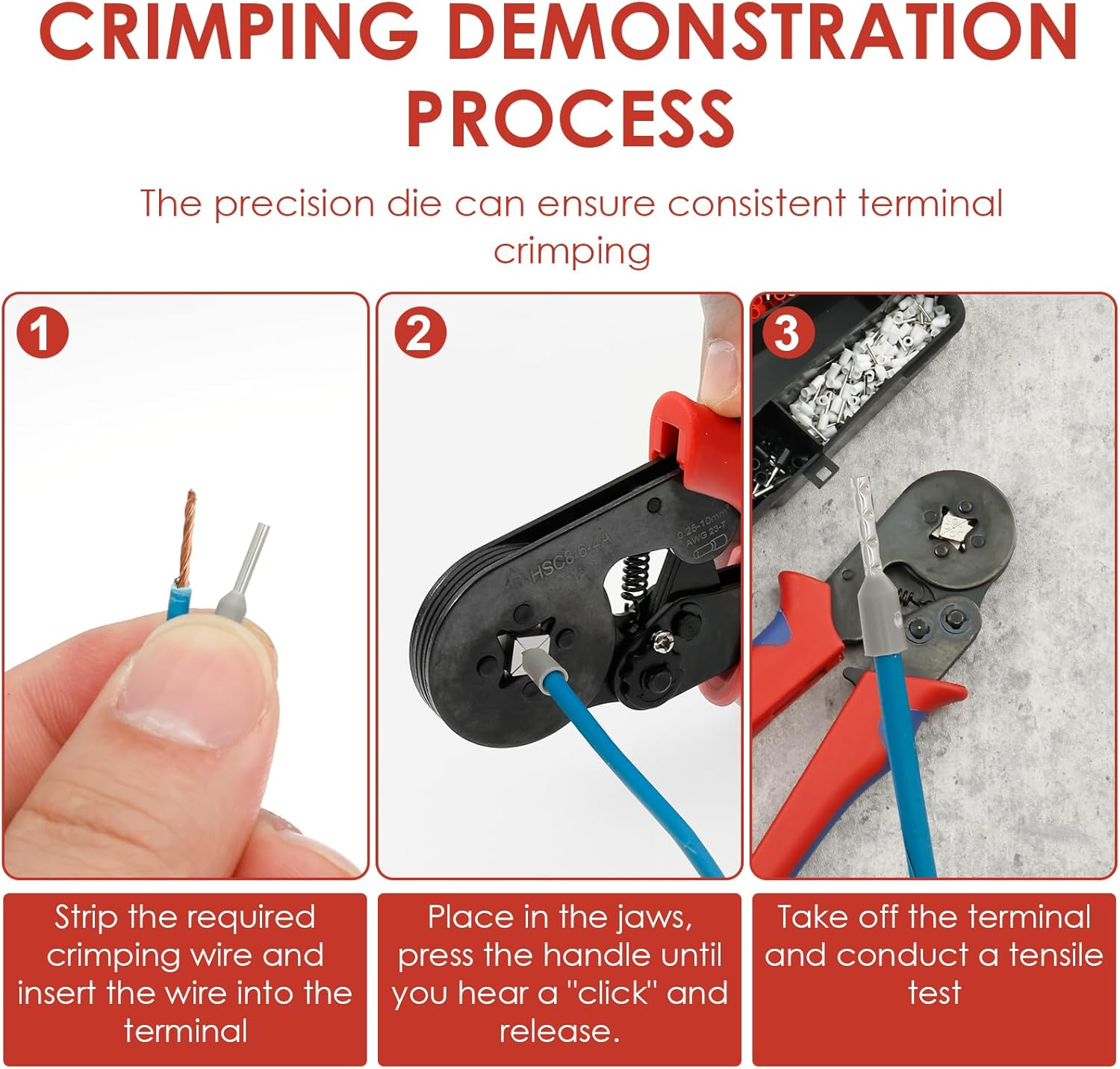 Ferrule Crimping Tool Kit AWG23-7 (0.25-10 Mm&sup2;) Hexagonal Ferrule Crimping Pliers Self-Adjustable Crimper Plier Set with 1200PCS Terminal Connector Sleeves (1) image number 4