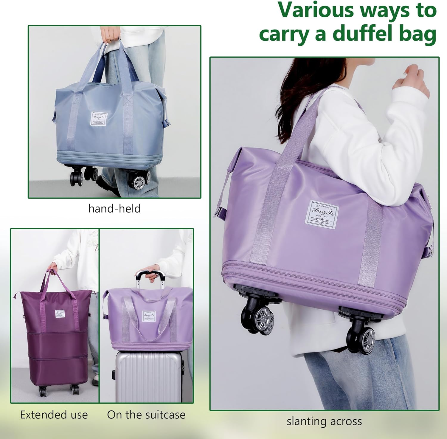 Wymulot Expandable Suitcase, Folding Travel Bag with Wheels, Weekender Travel Bag for Carry-On, Tote Bag with Storage Space，Large Luggage Bag for Business Trips, Camping, Short Trips, Fitness, Misty - Green image number 7