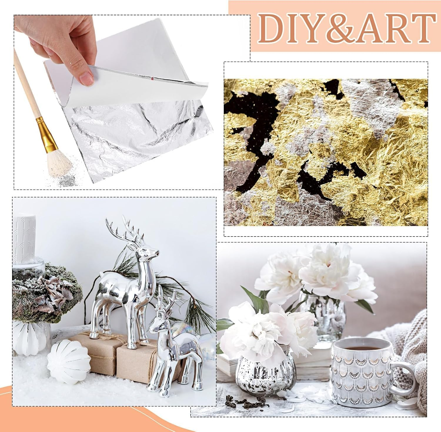 150Pcs Gold Foil Sheet with Tweezer and Brush,Imitation Gold Foil Sheet with Tweezer and Brush,Rose Gold Silver Gold Foil Sheet with Gilding Brush Tweezer,Foil Paper Art Gold Foil Sheet with Tweezer image number 1
