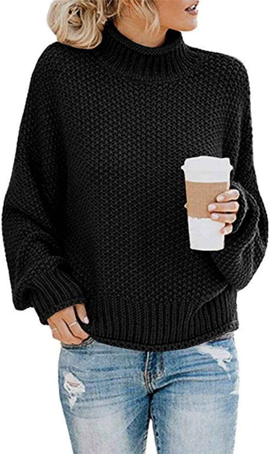 Womens Chunky Knit Slouchy Turtleneck Pullover Batwing Long Sleeve Pullover Loose Solid Casual Pullover Fall Tops Jumper