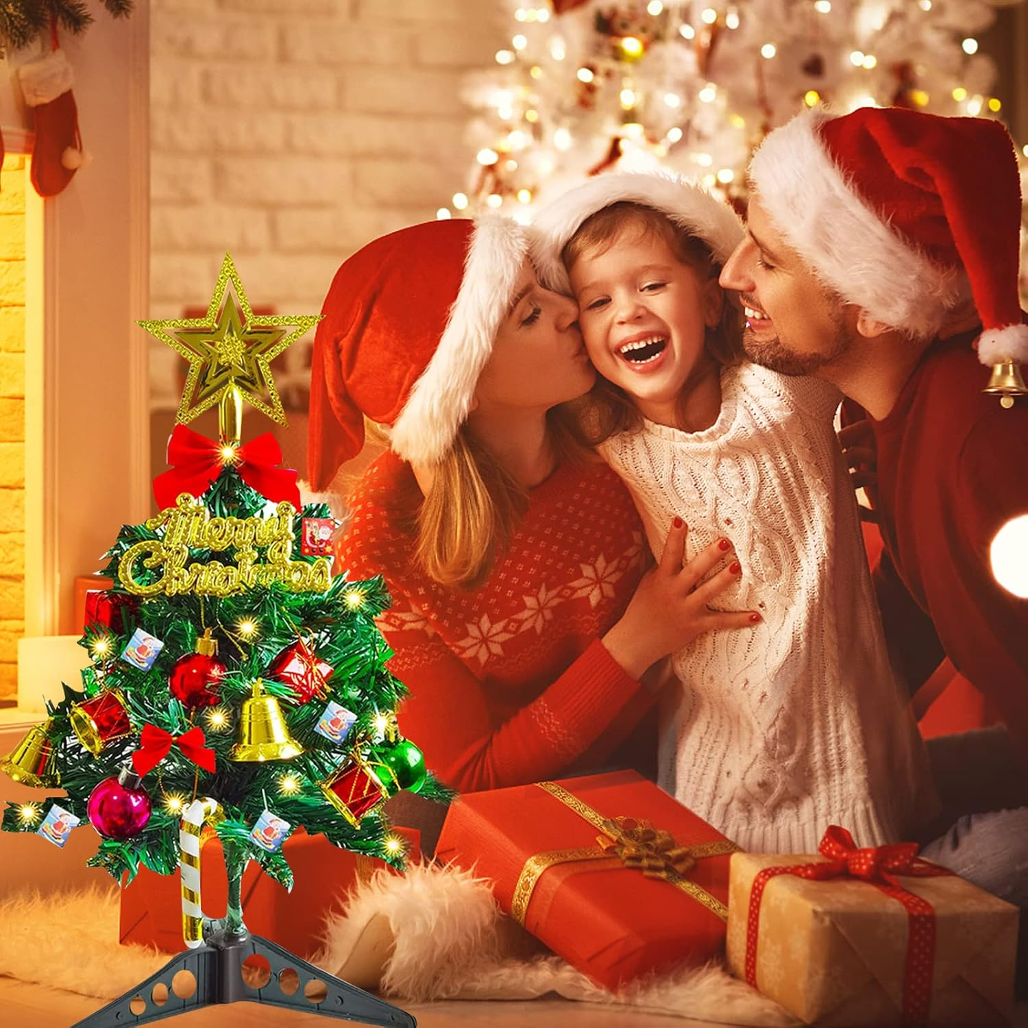 Mini Christmas Tree, 23.6Inch Artificial Tabletop Christmas Tree Ball Ornaments Led String Light for Home Office Shop Desktop Xmas Party Decoration image number 3