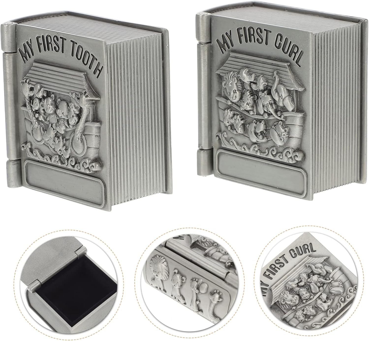 2 Pcs Baby First Tooth Metal Keepsake Boxes Lanugo Curl Storage for Newborns Silver Vintage Tooth Collection Case image number 2