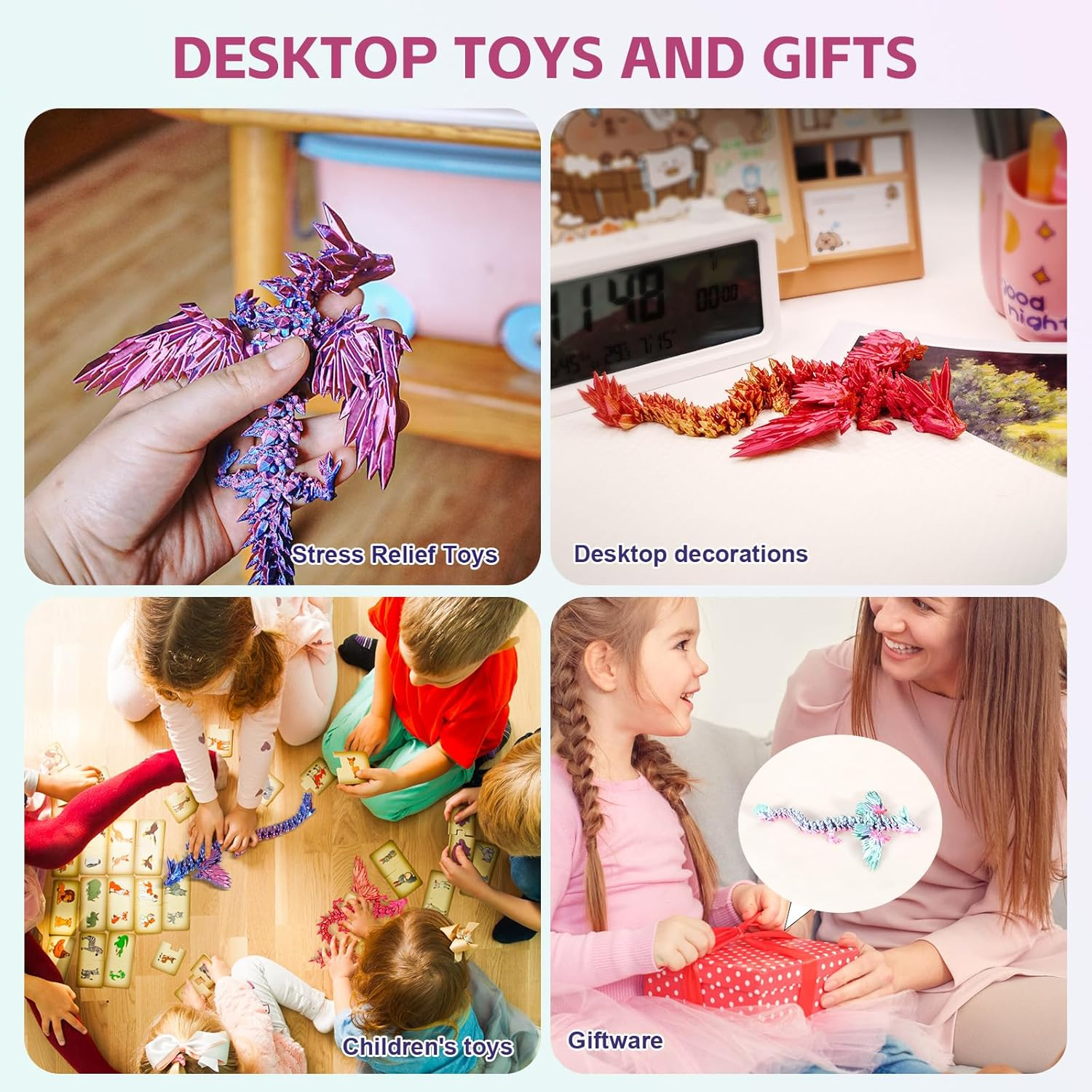 3D Printed Articulated Dragon with Wings - 9" Purple Winged Dragon for Home Office Decor and Executive Desk Toys image number 1