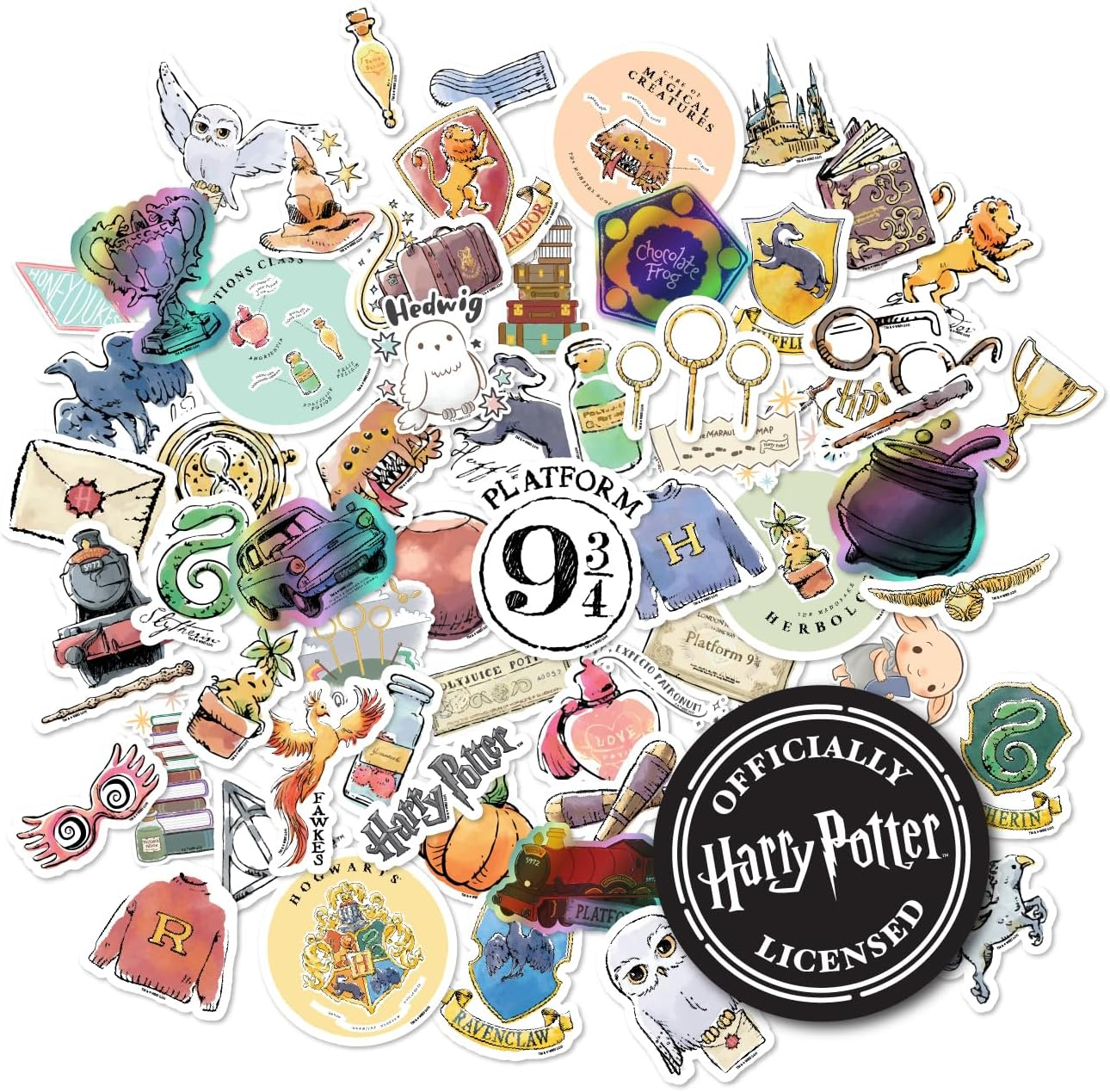 Conquest Journals Harry Potter Watercolor Vinyl Stickers, Set of 60 Unique Stickers Including 5 Holograms, Waterproof and UV Resistant, Great for All Your Gadgets, Potterfy All the Things